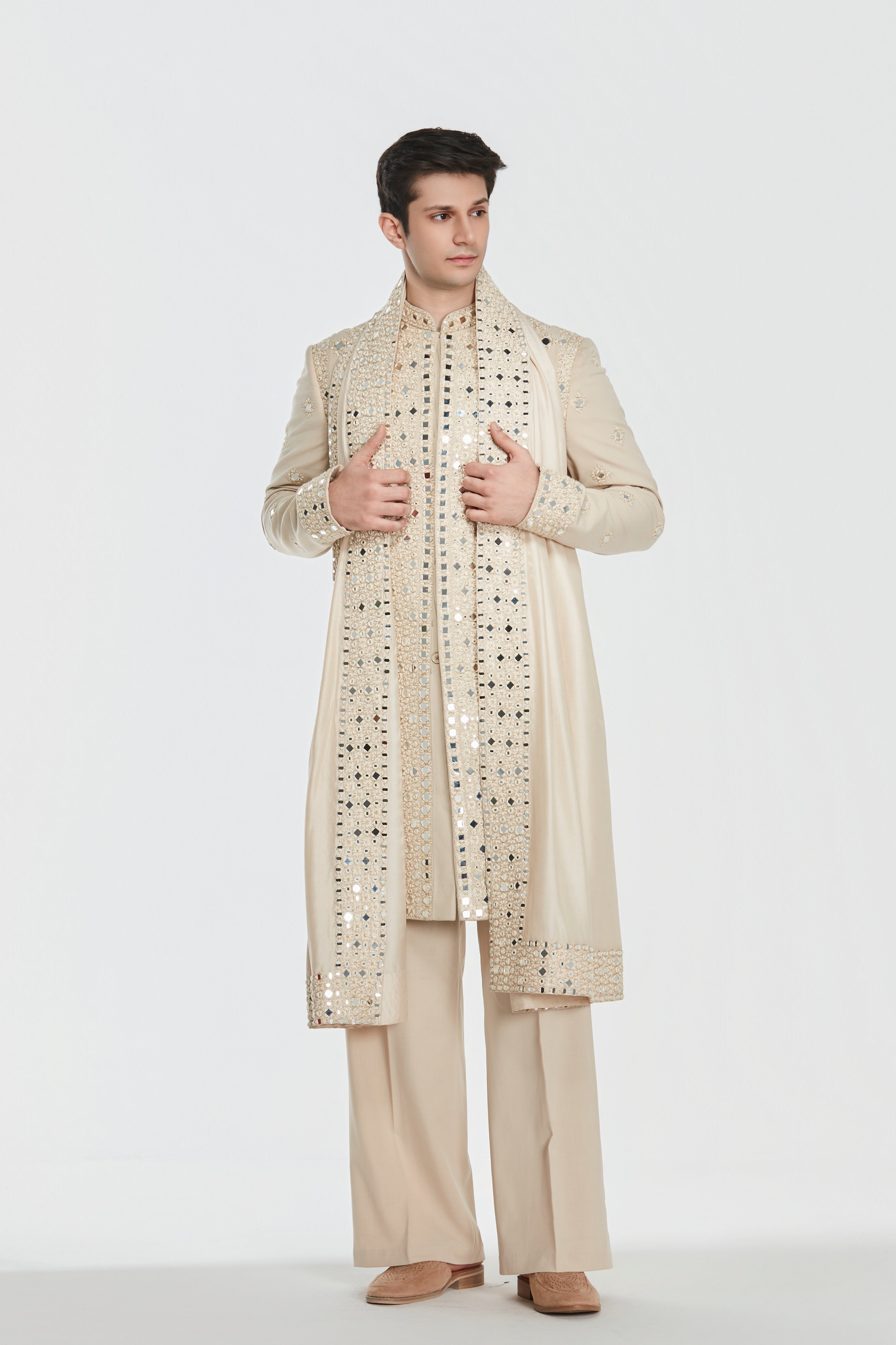 Sherwani and pant -Neo tech and Kurta and stole -Heavy chanderi