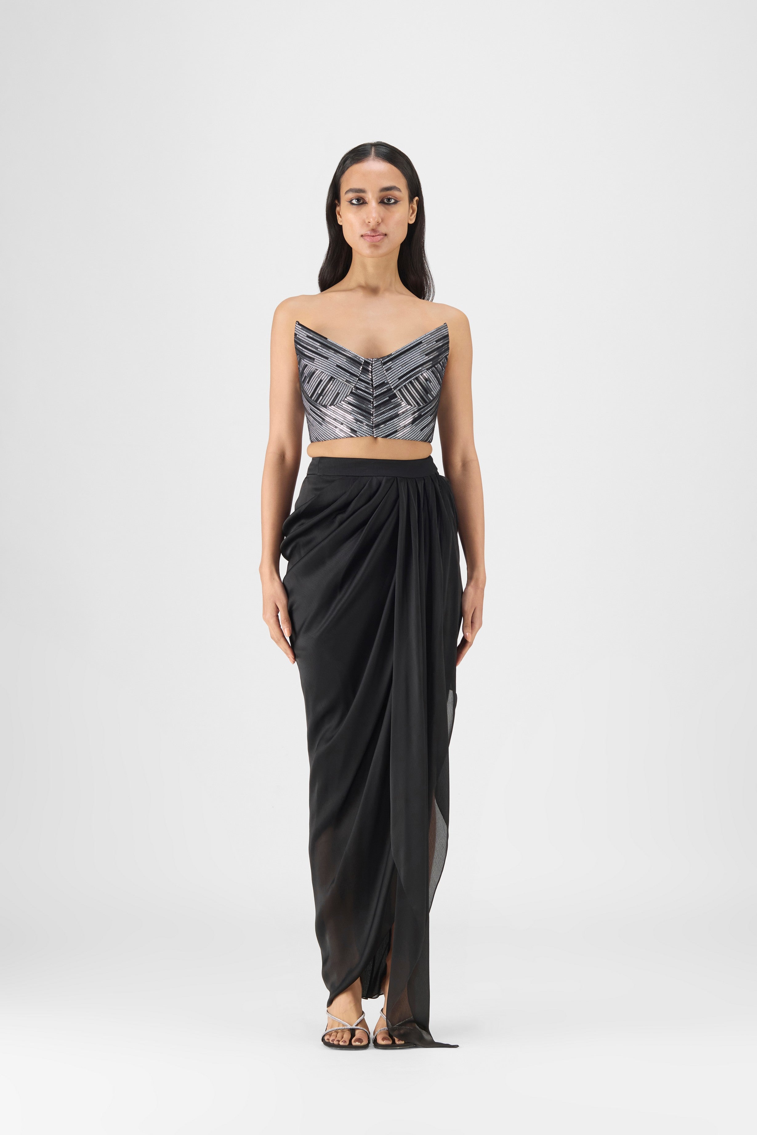 HAND WOVEN METALLIC BUSTIER AND DRAPE SKIRT