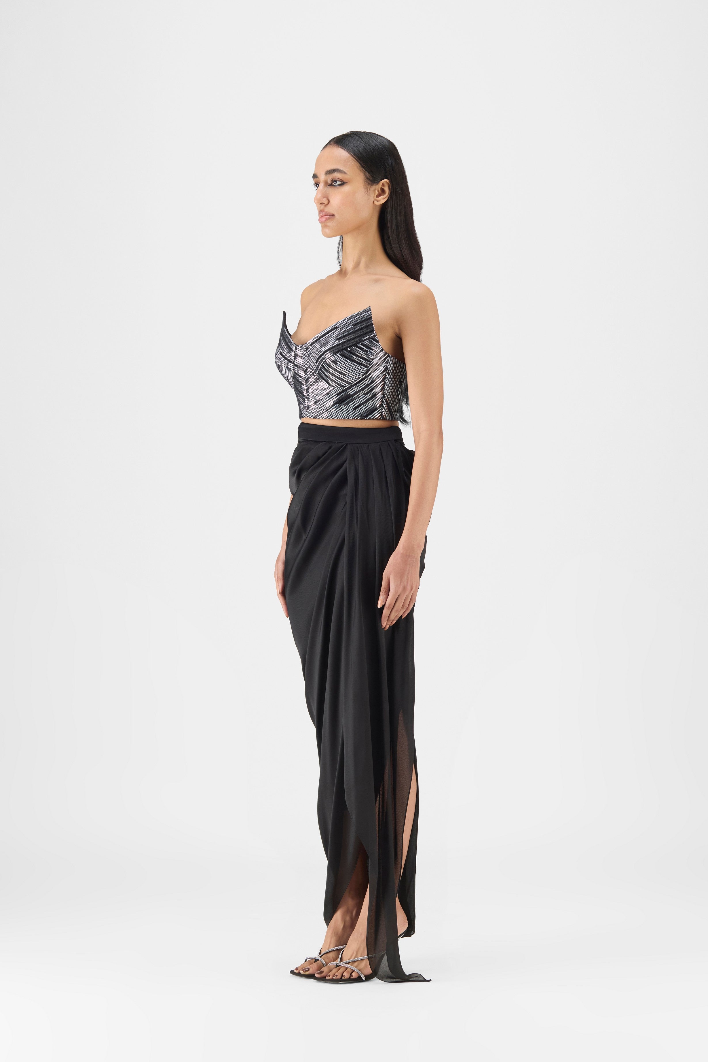 HAND WOVEN METALLIC BUSTIER AND DRAPE SKIRT