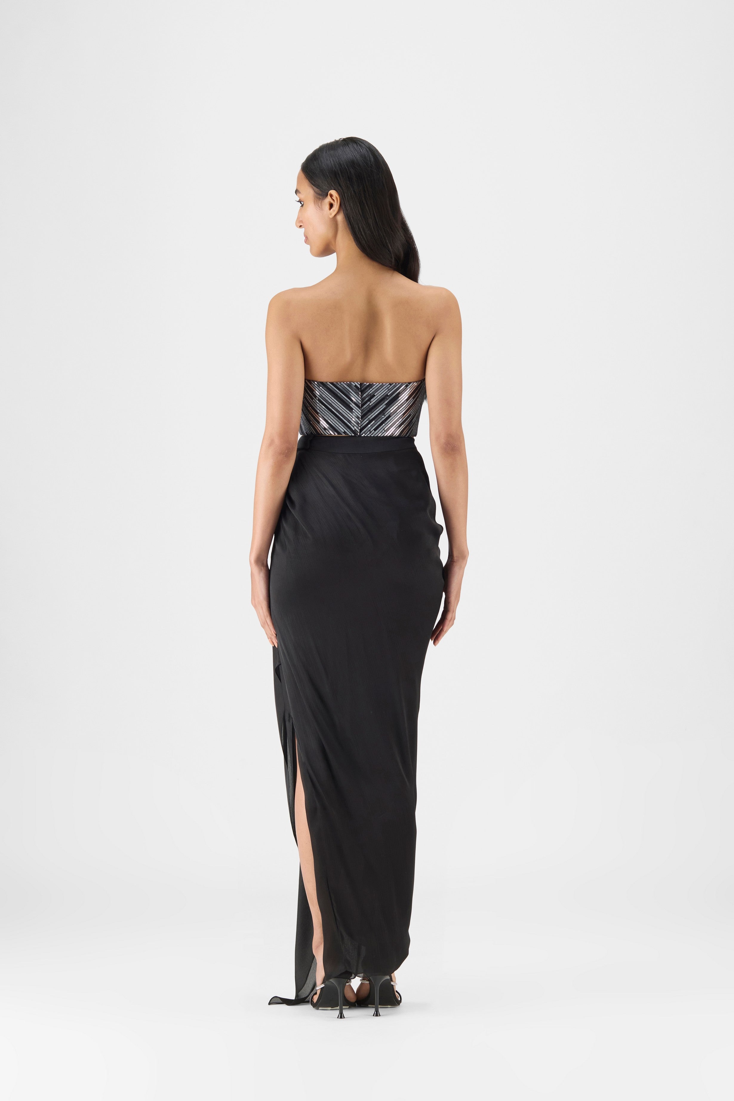 HAND WOVEN METALLIC BUSTIER AND DRAPE SKIRT