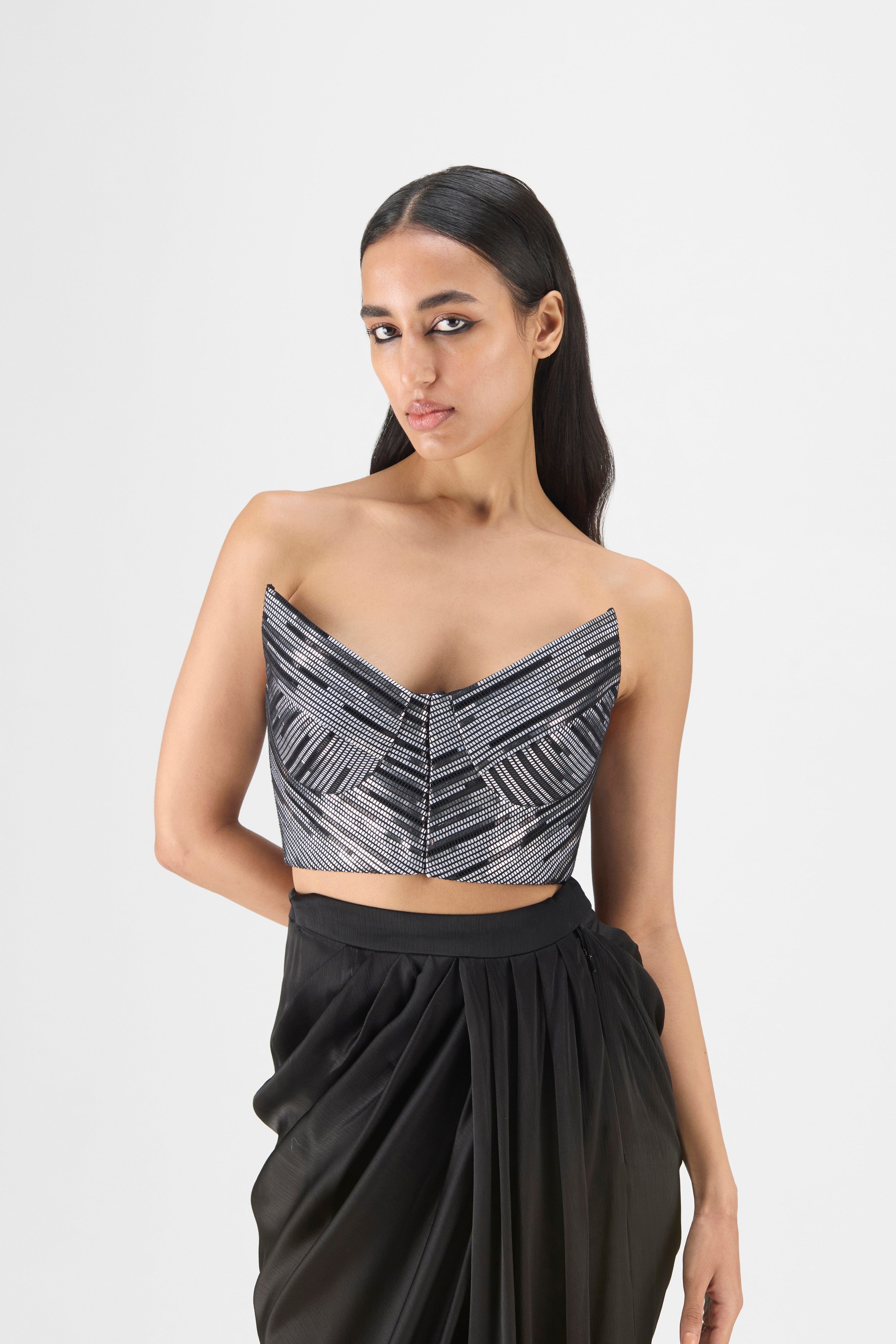 HAND WOVEN METALLIC BUSTIER AND DRAPE SKIRT