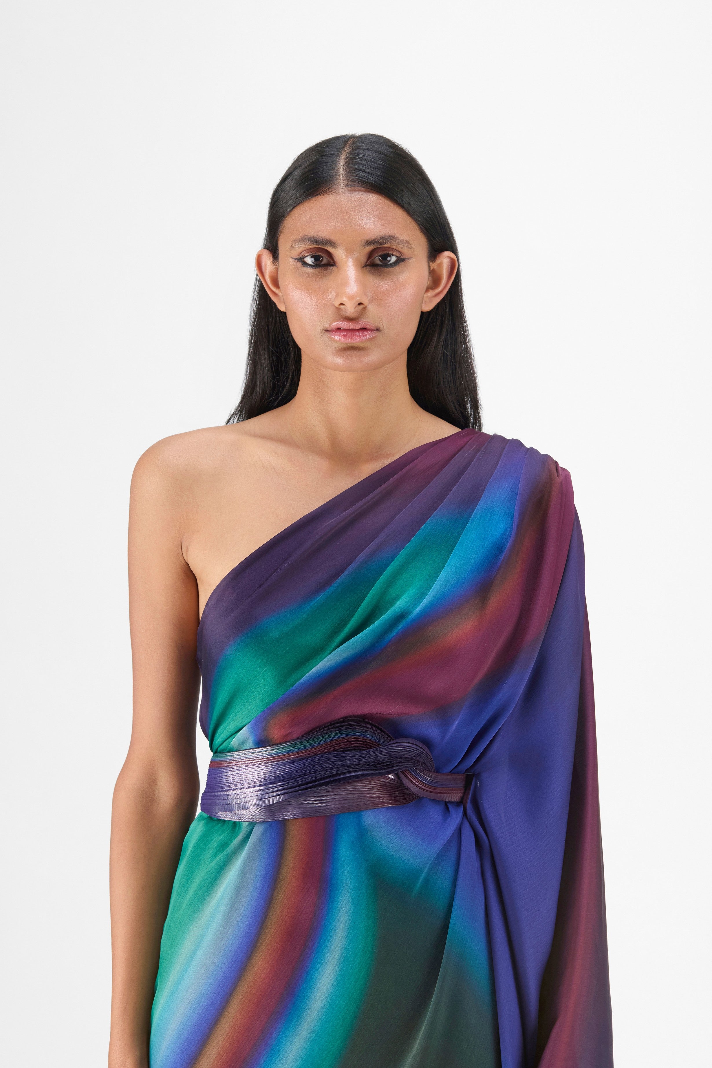 METALLIC ONE SHOULDER WATERCOLOR DRESS