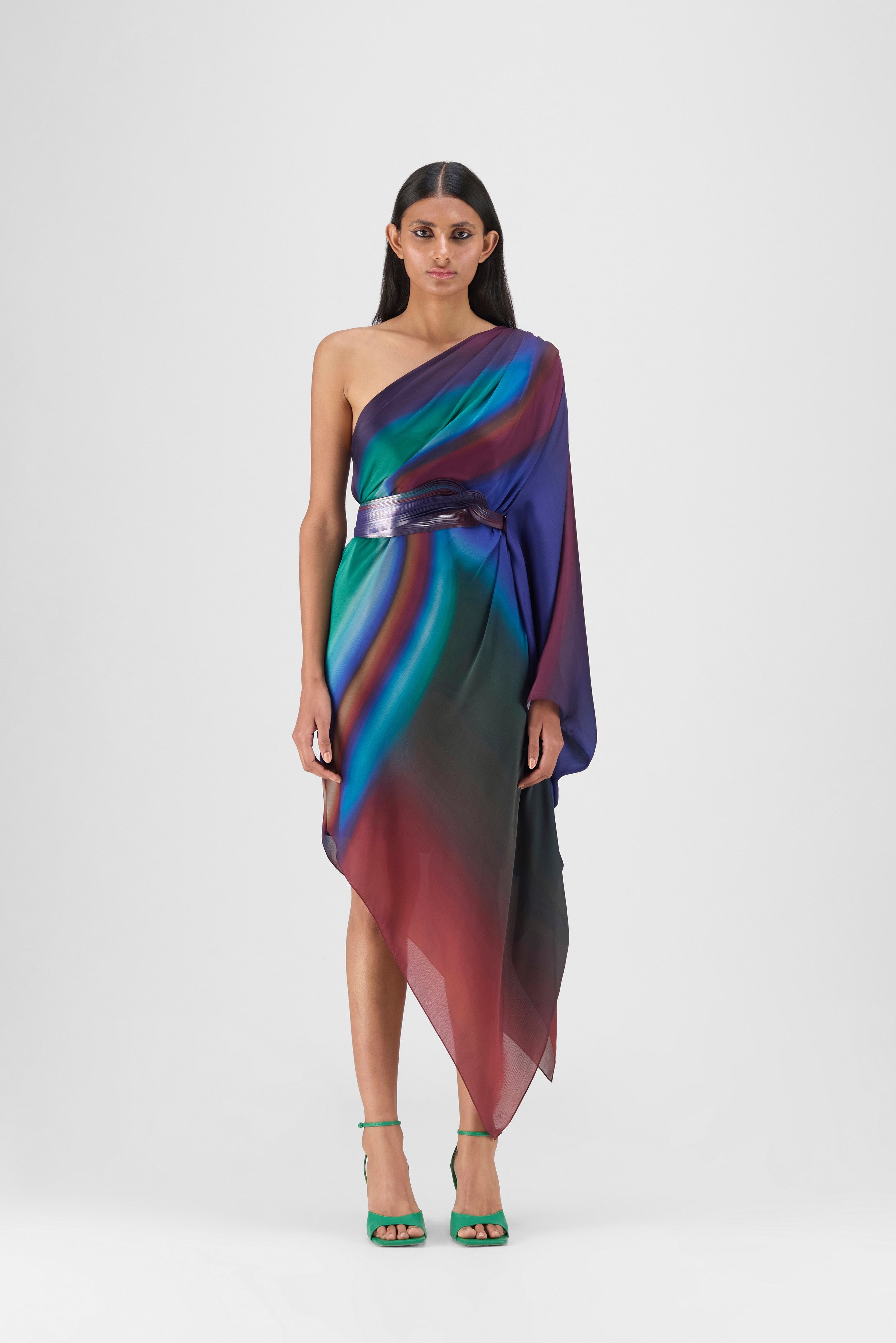 METALLIC ONE SHOULDER WATERCOLOR DRESS