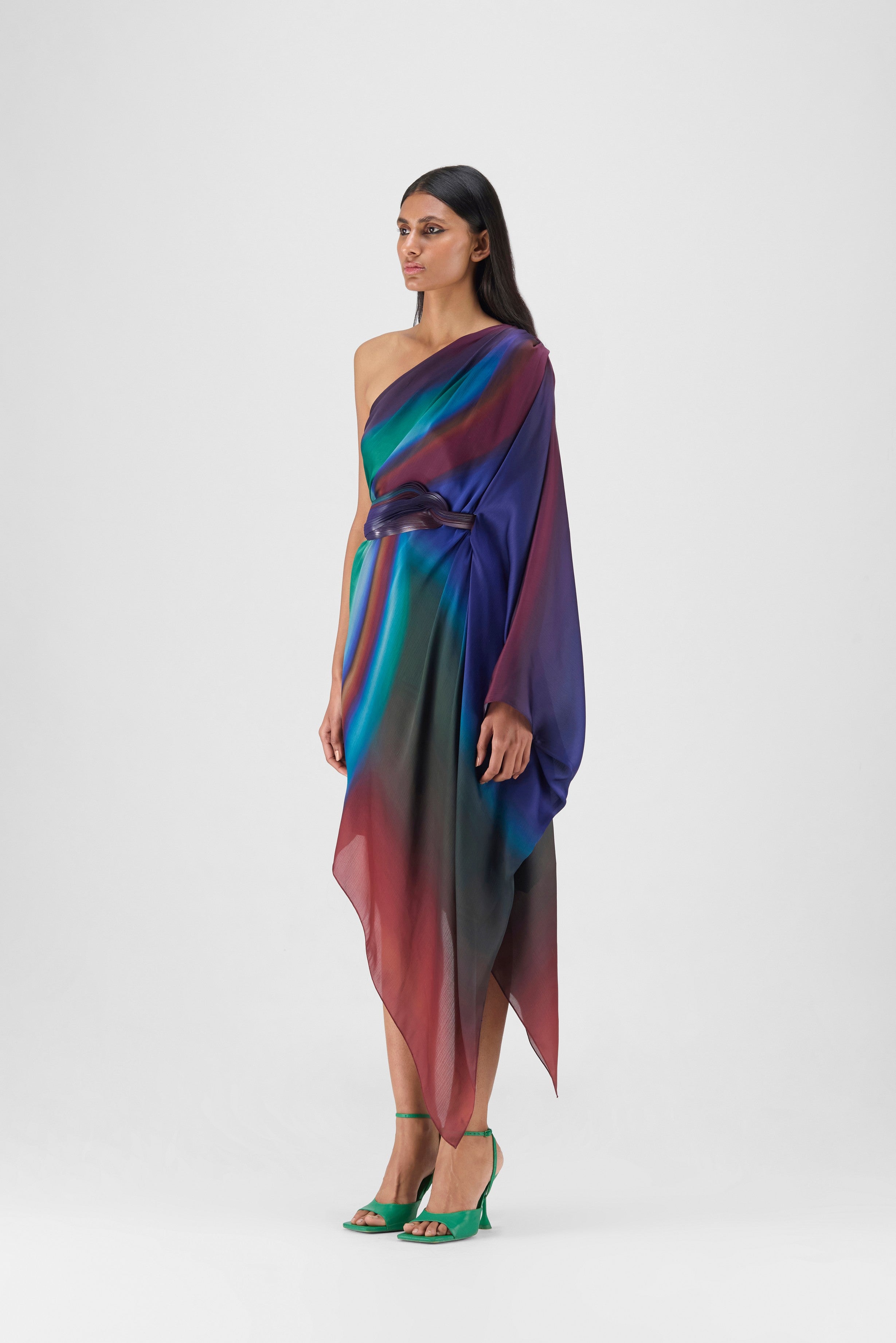 METALLIC ONE SHOULDER WATERCOLOR DRESS