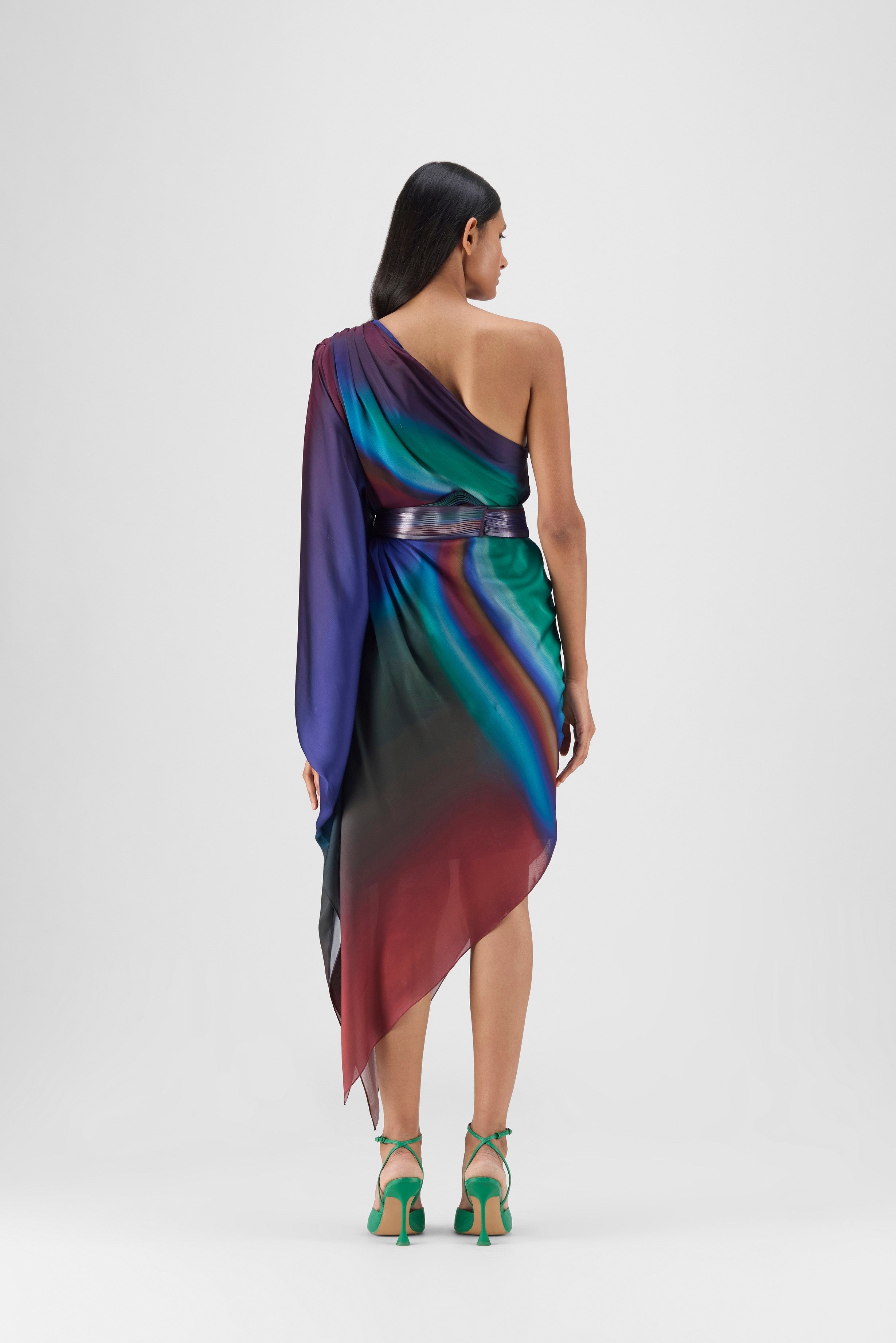 METALLIC ONE SHOULDER WATERCOLOR DRESS