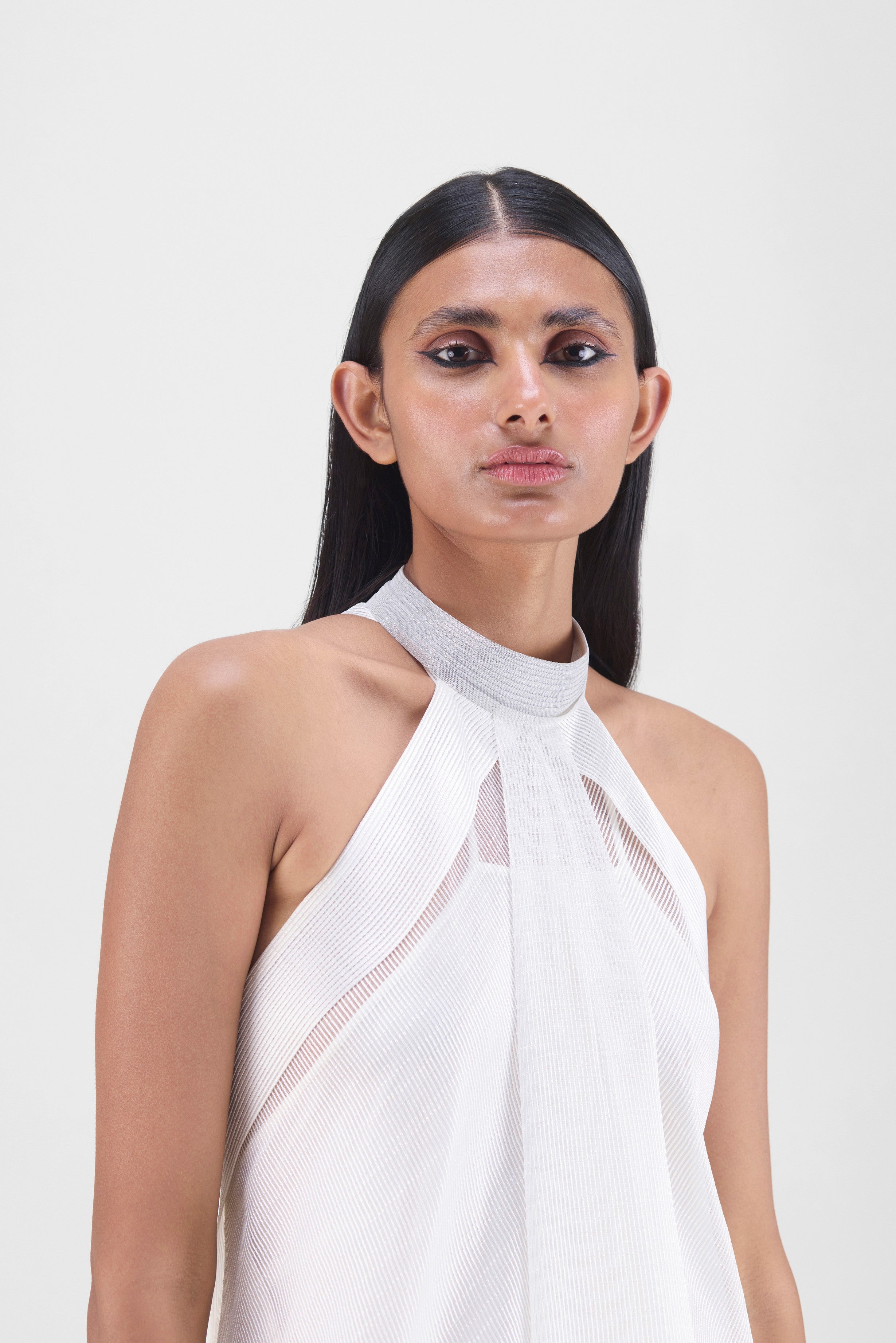 METALLIC FLUID HALTER DRESS