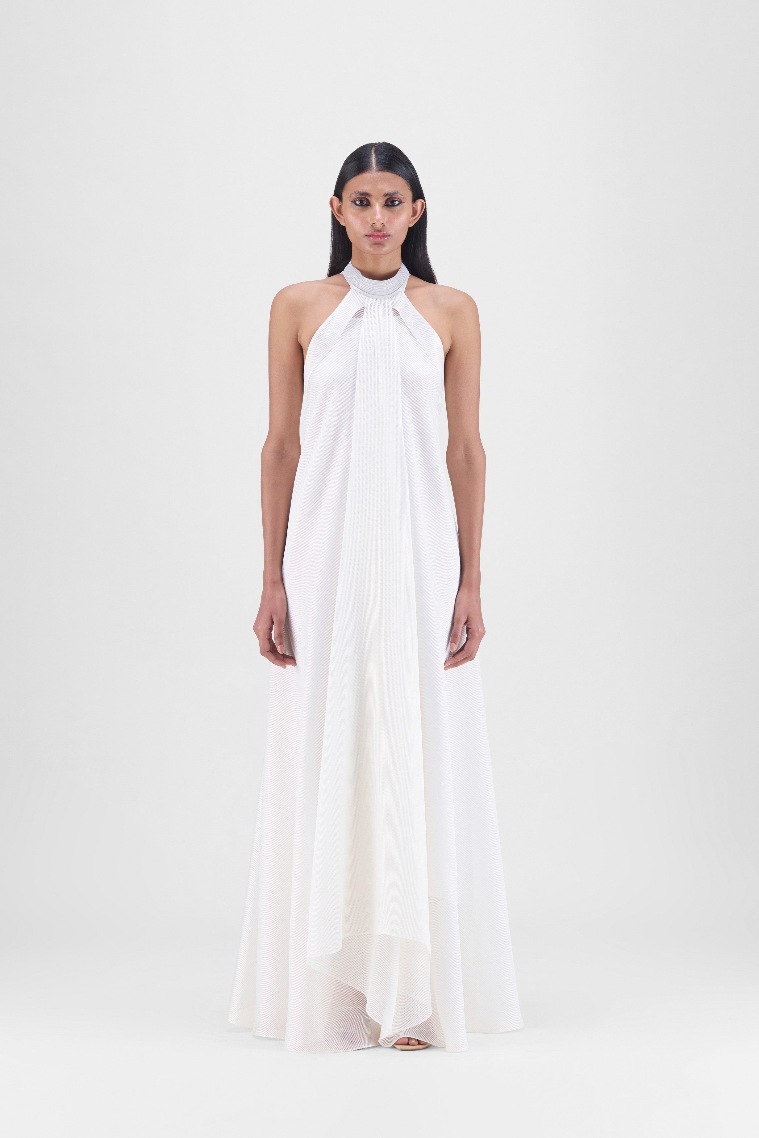 METALLIC FLUID HALTER DRESS