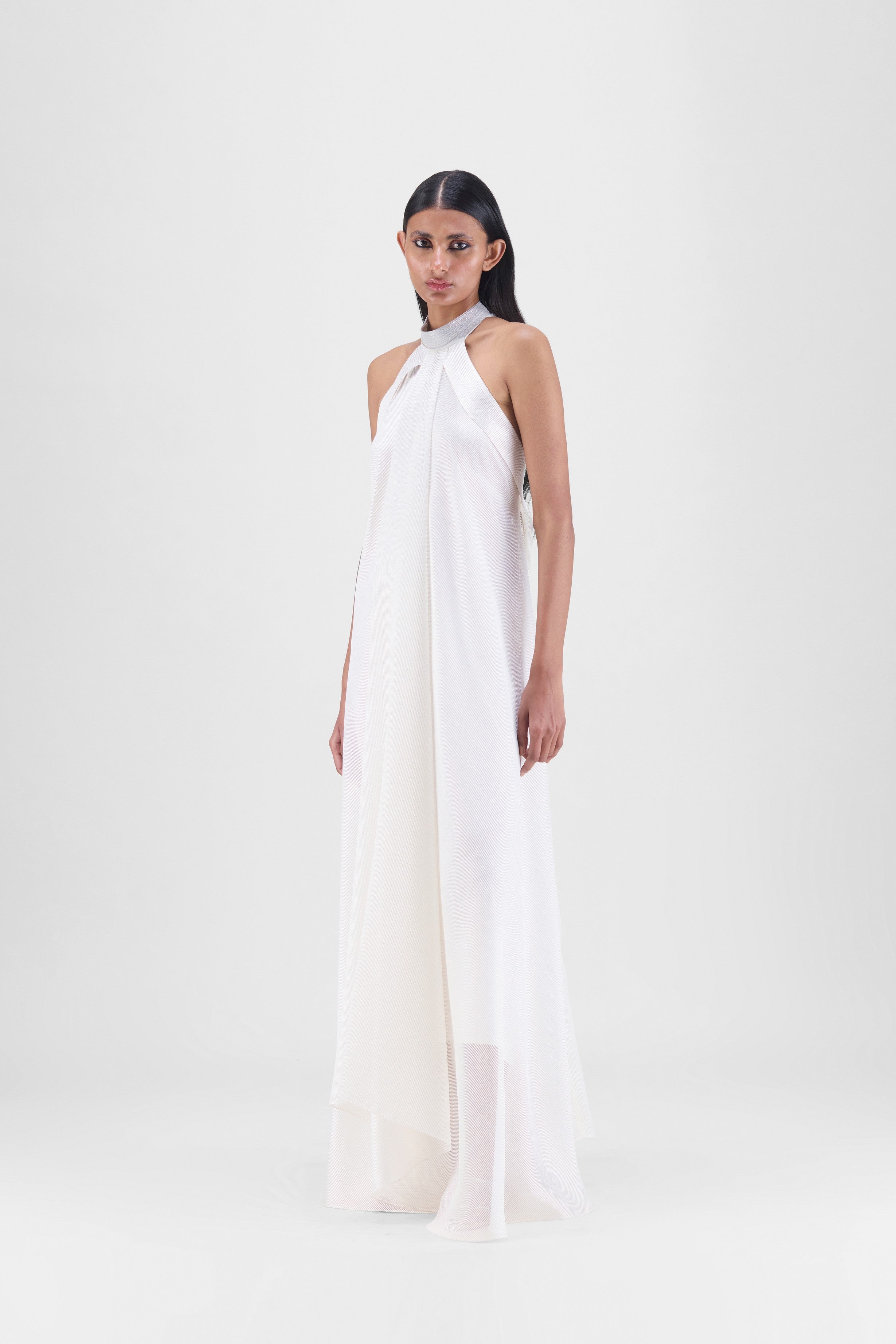 METALLIC FLUID HALTER DRESS