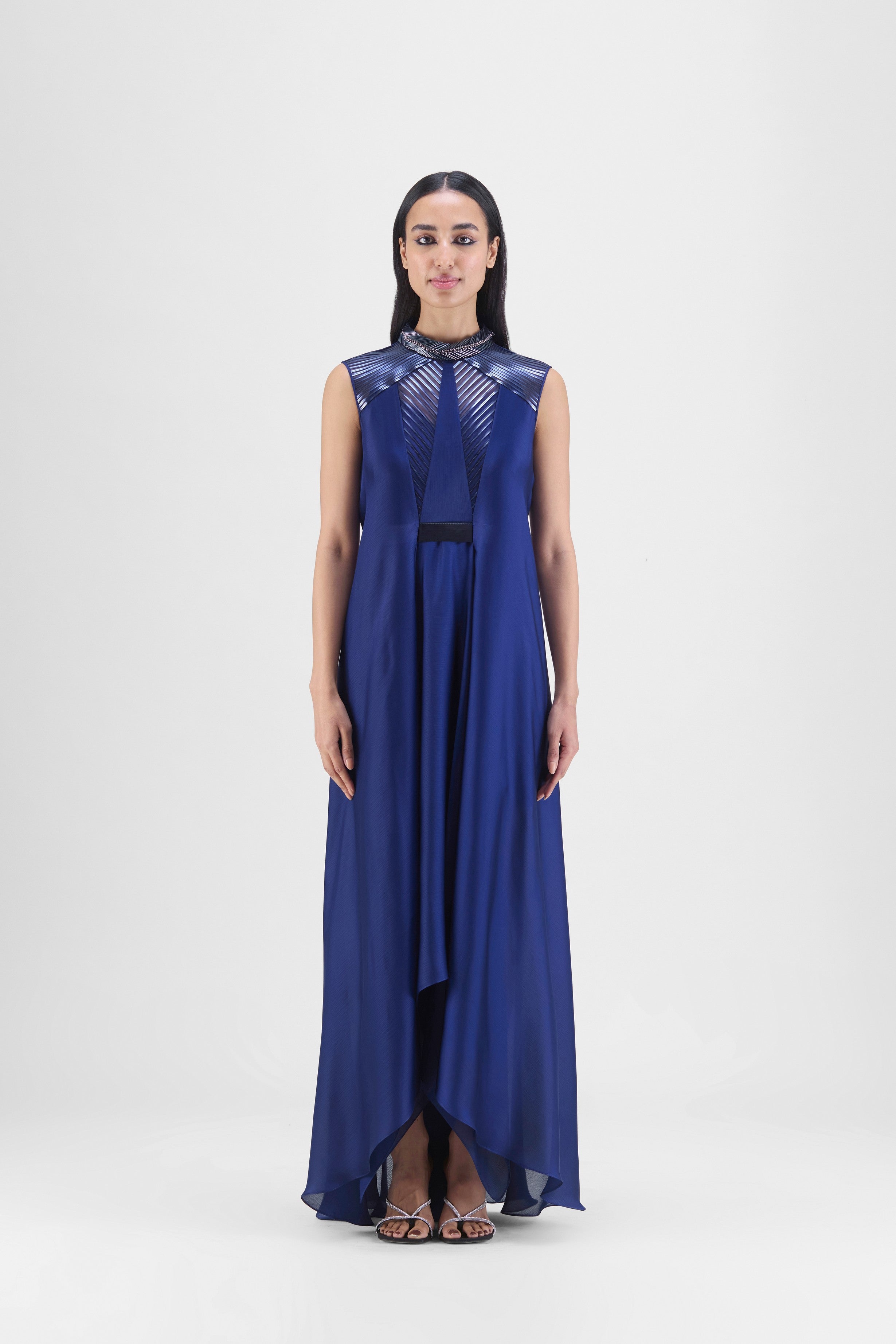 METALLIC PANELED DRESS WITH BEADS