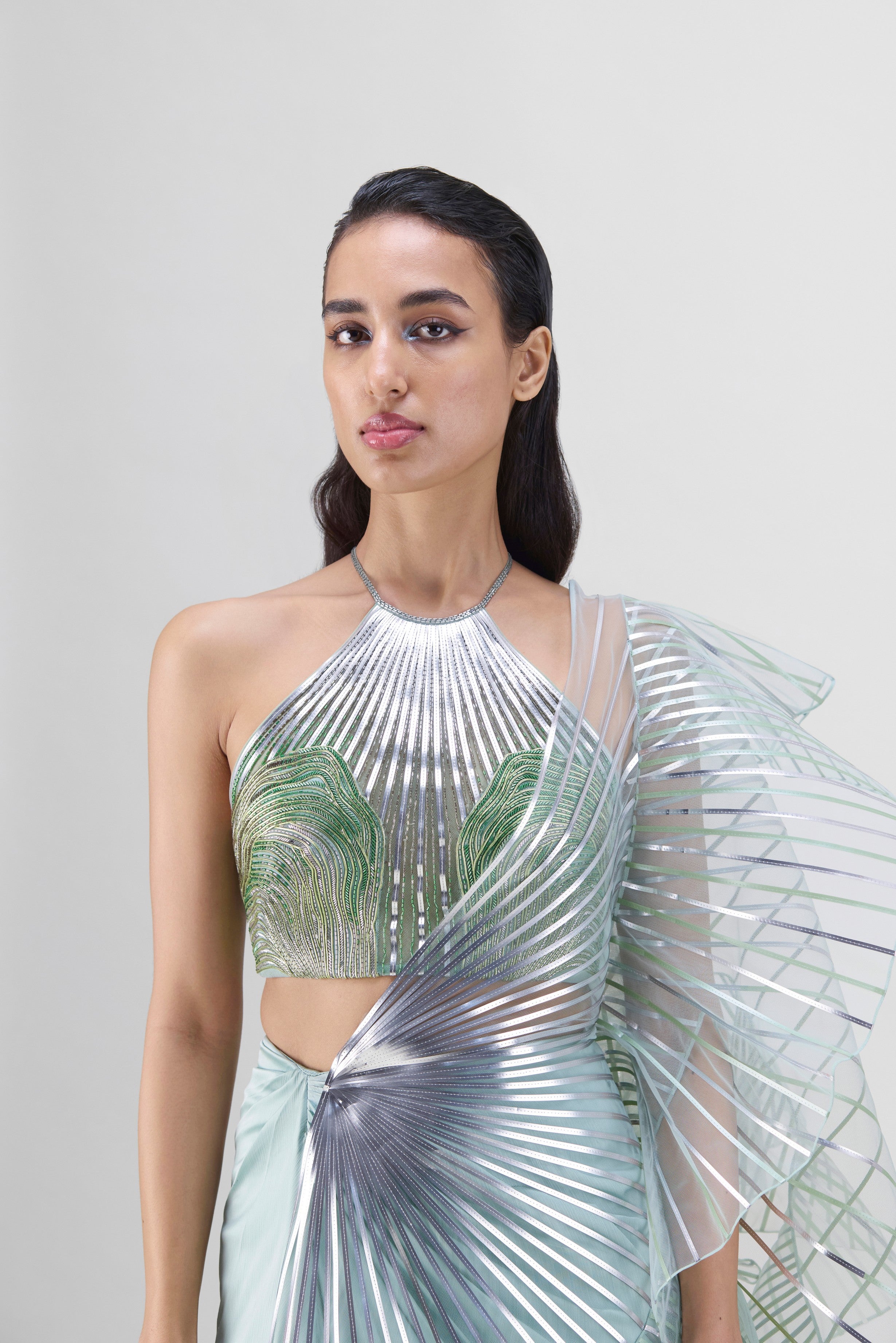 METALLIC WINGED RUFFLE SAREE