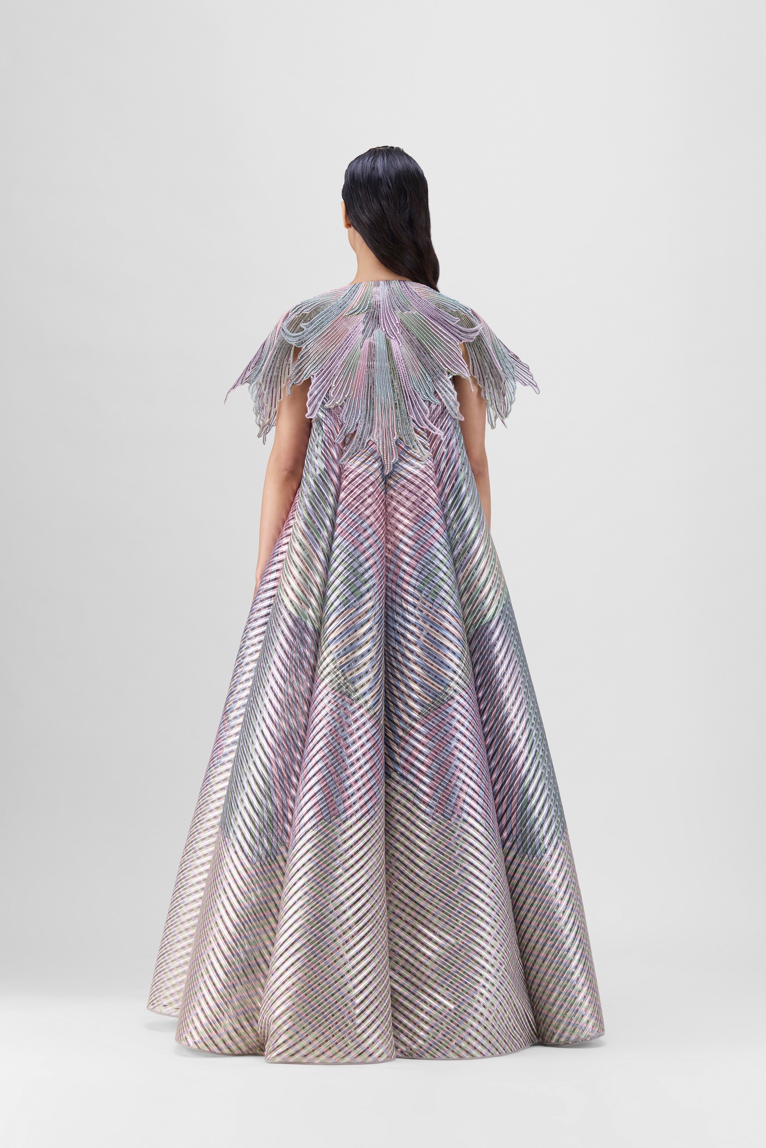 METALLIC FLUTED TULLE PRINTED CAPE AND SKIRT SET