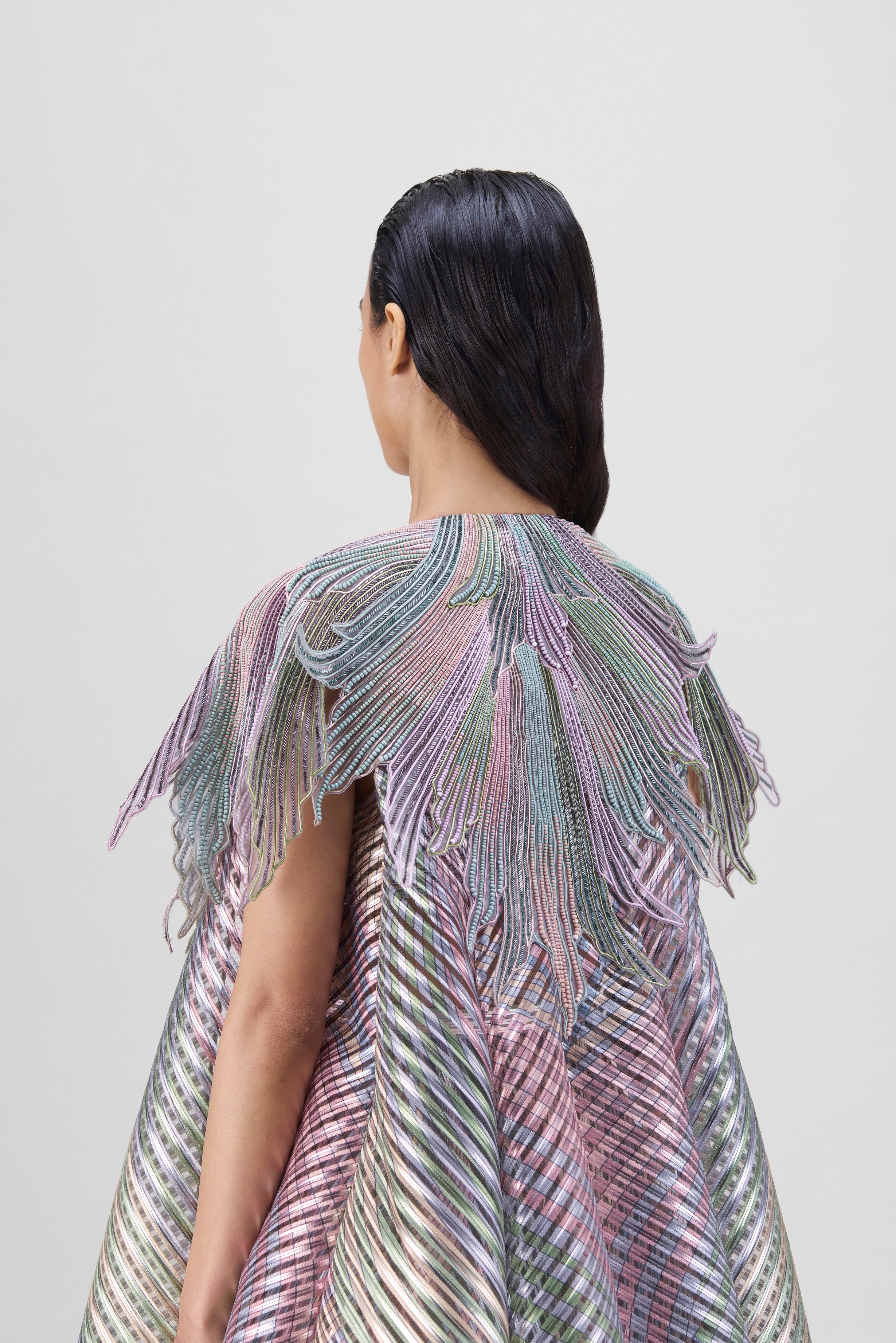 METALLIC FLUTED TULLE PRINTED CAPE AND SKIRT SET