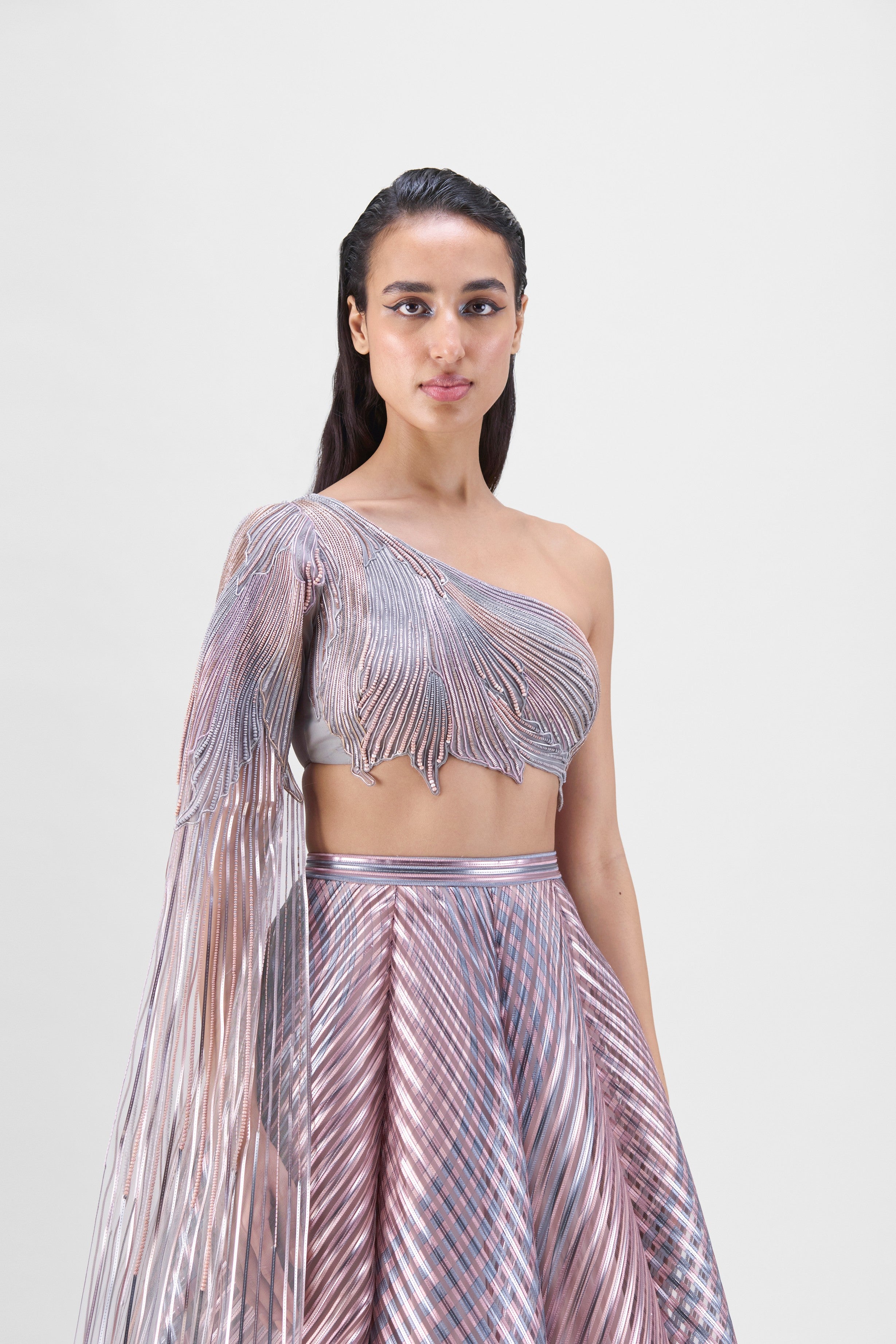 METALLIC FLUTED TULLE PRINTED SKIRT AND BEADED TOP