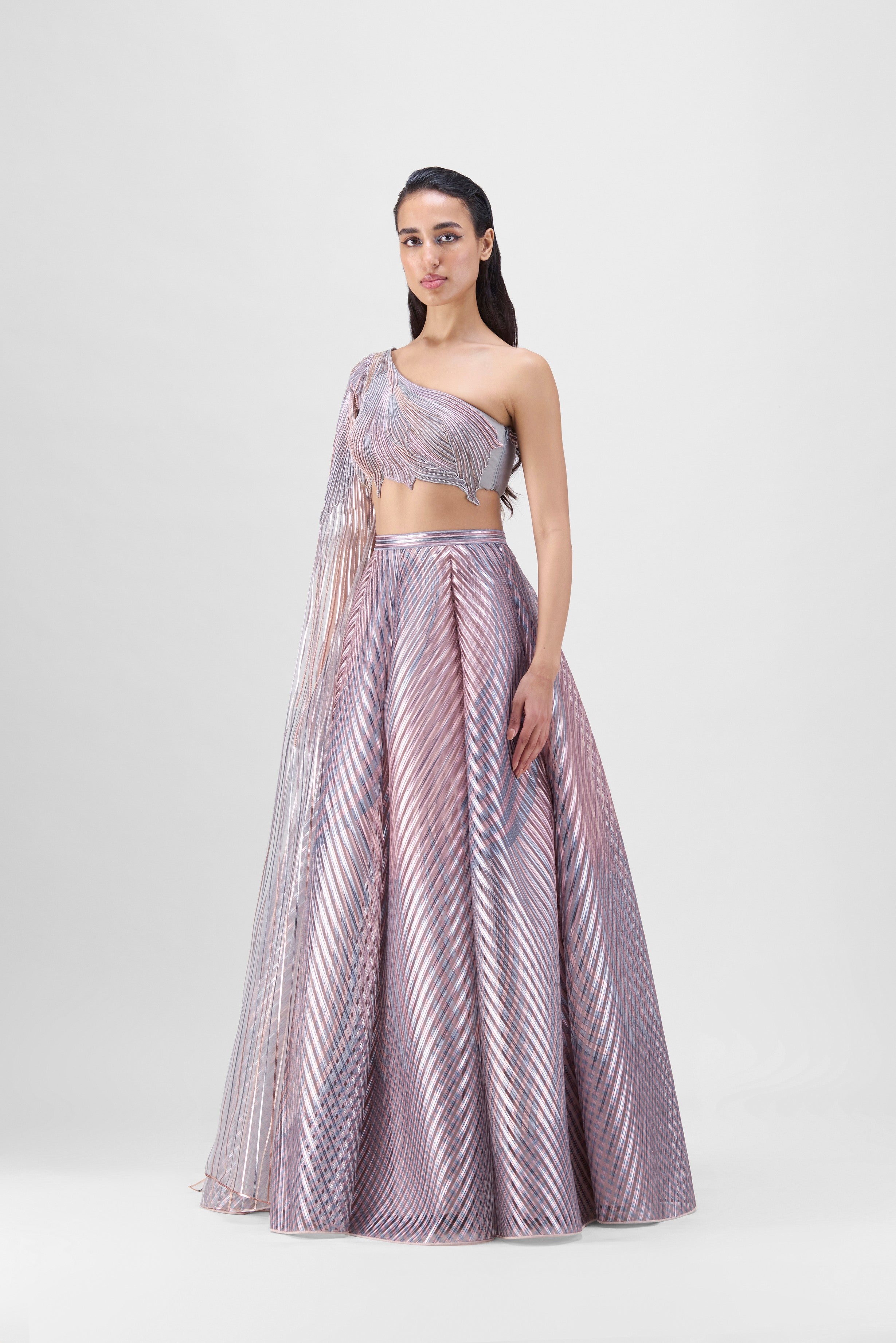METALLIC FLUTED TULLE PRINTED SKIRT AND BEADED TOP
