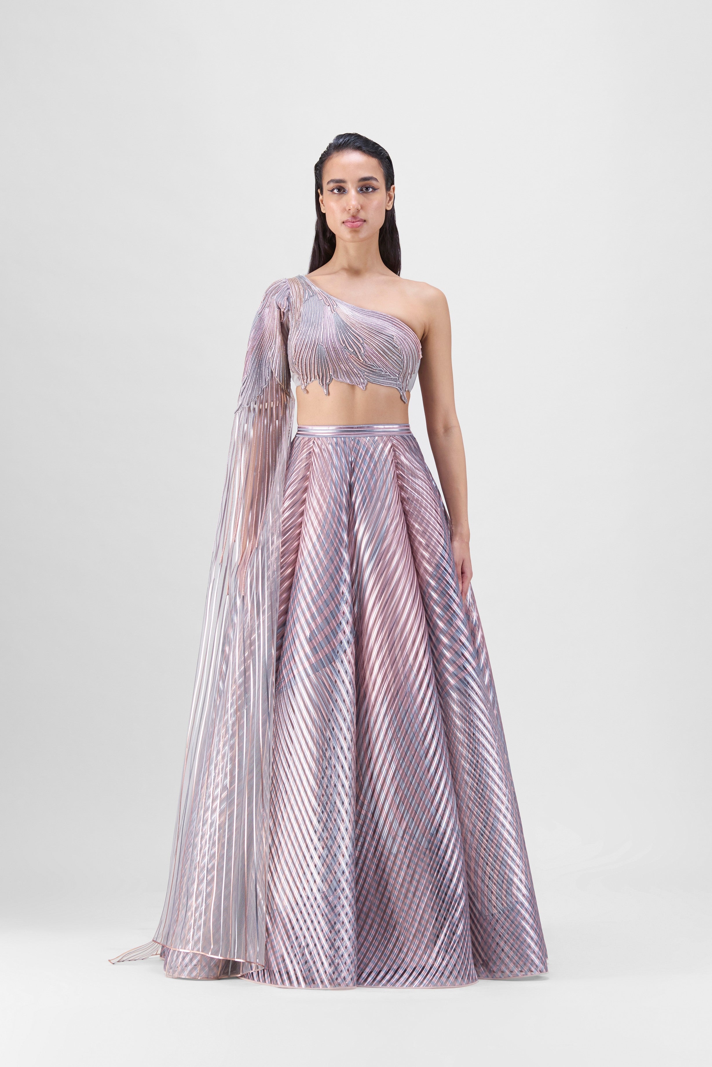 METALLIC FLUTED TULLE PRINTED SKIRT AND BEADED TOP