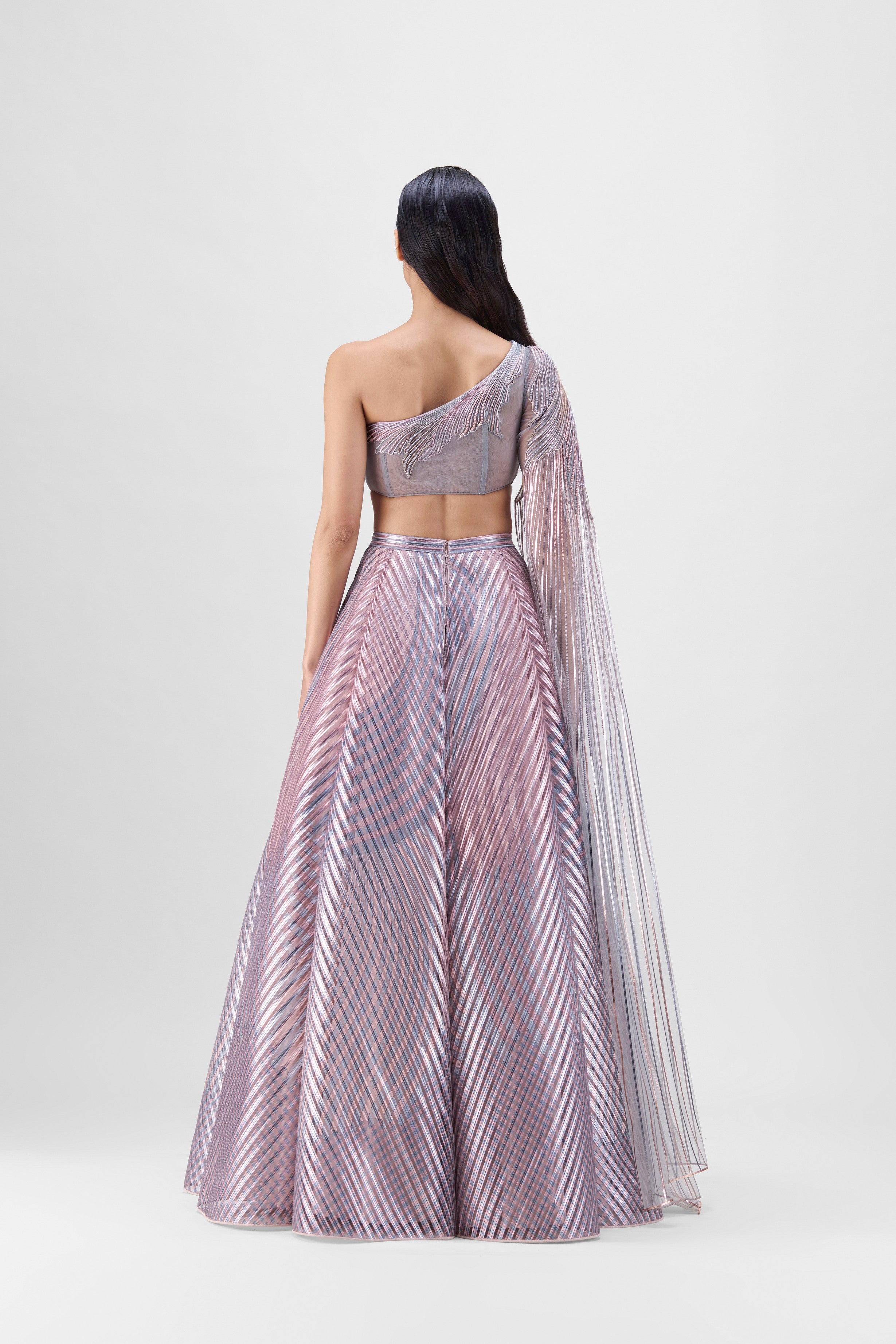 METALLIC FLUTED TULLE PRINTED SKIRT AND BEADED TOP