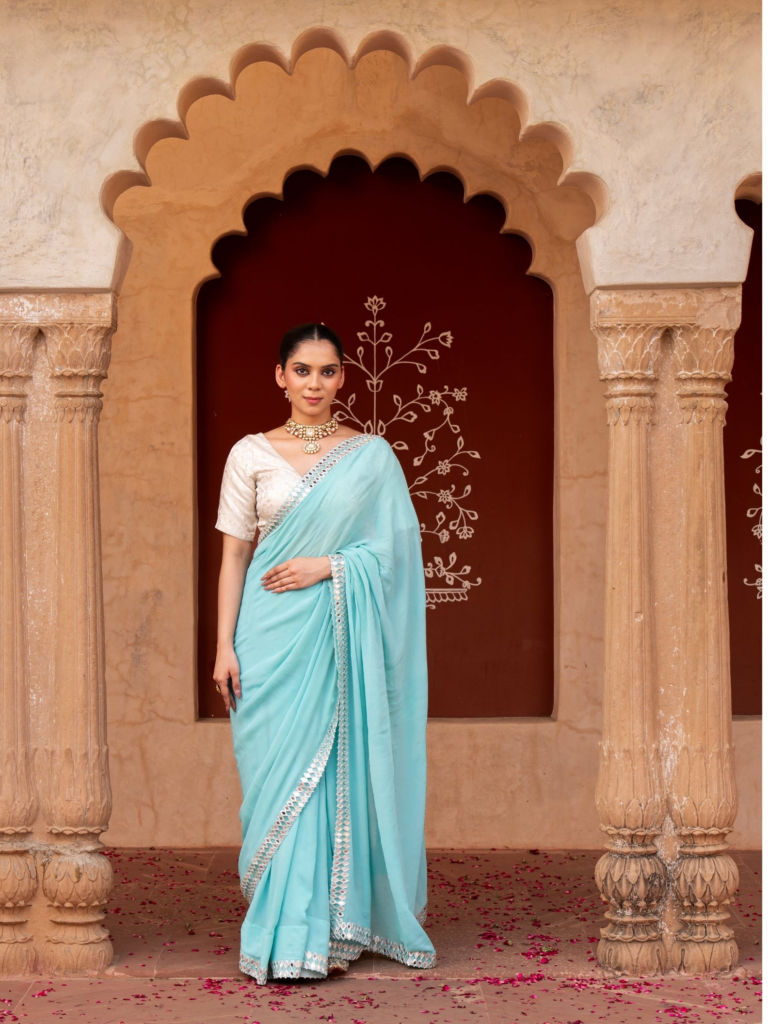 Sky Blue Pure Georgette Handloom Mirror Work Saree