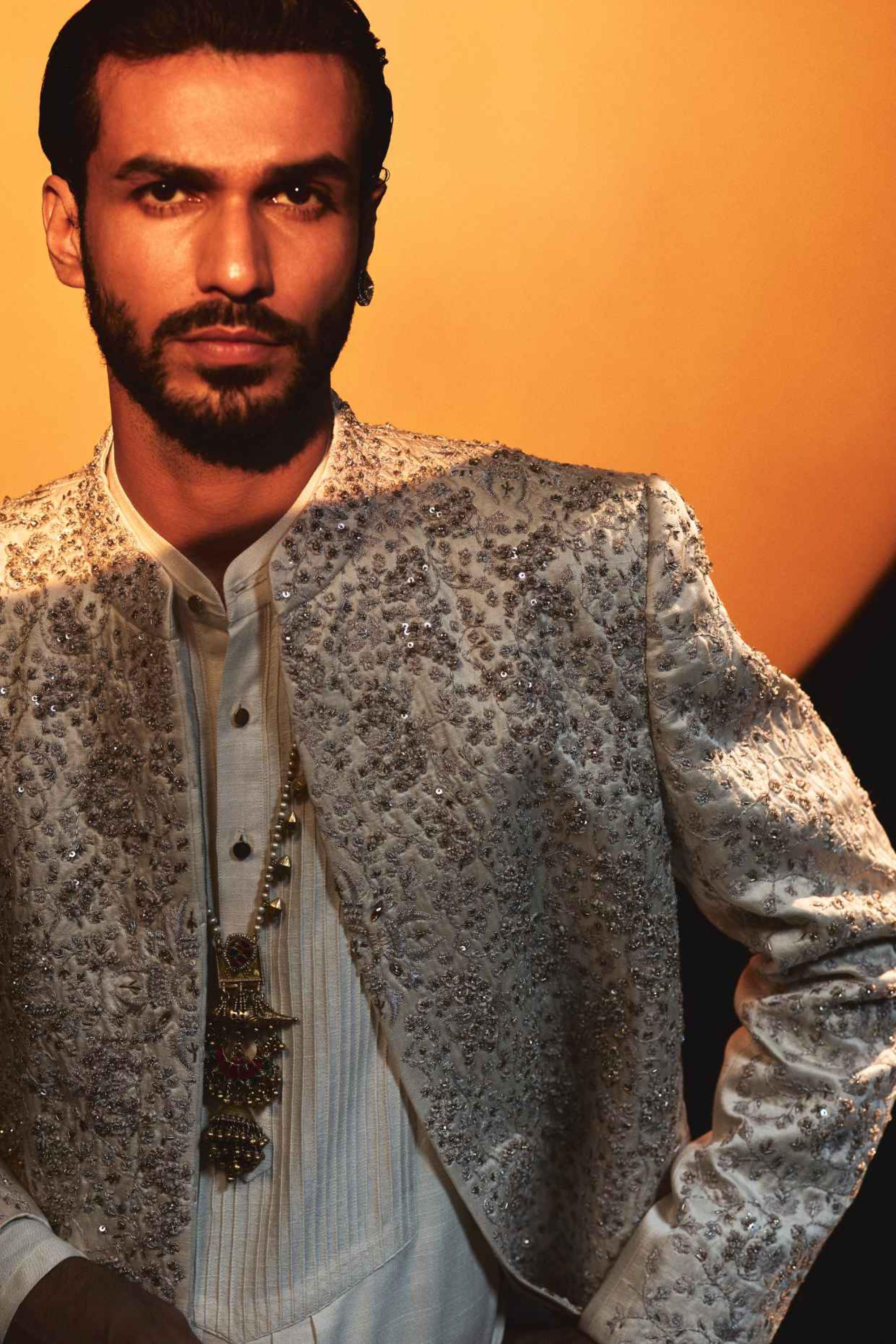 ethereal Rose Crème Zardosi dabka sherwani set