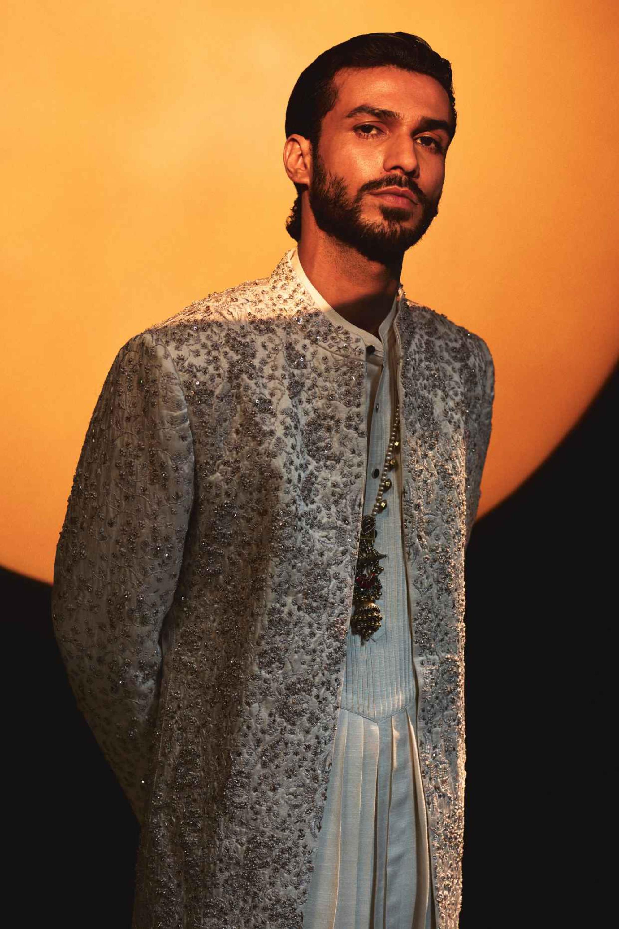ethereal Rose Crème Zardosi dabka sherwani set