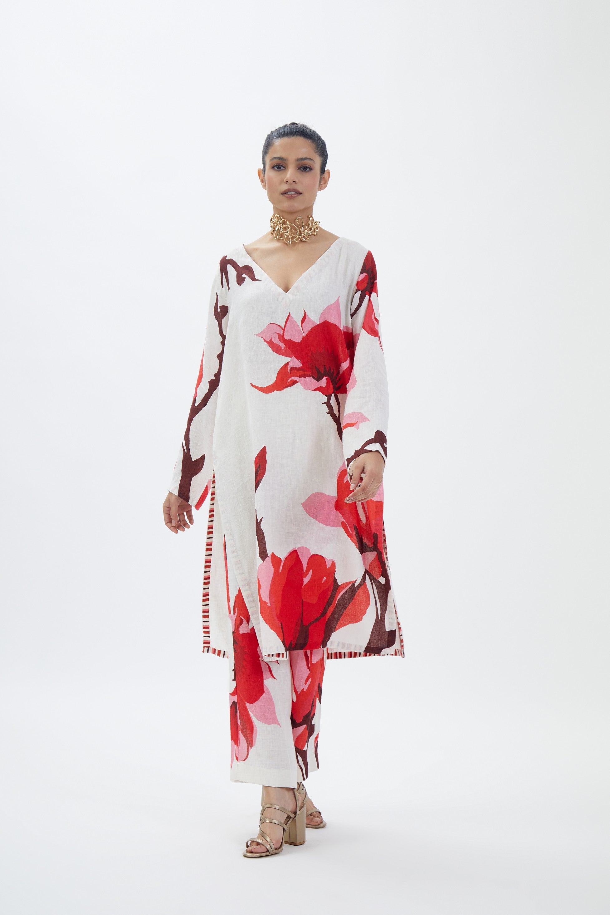 Ivory & Red Linen Floral Printed Kurta Set