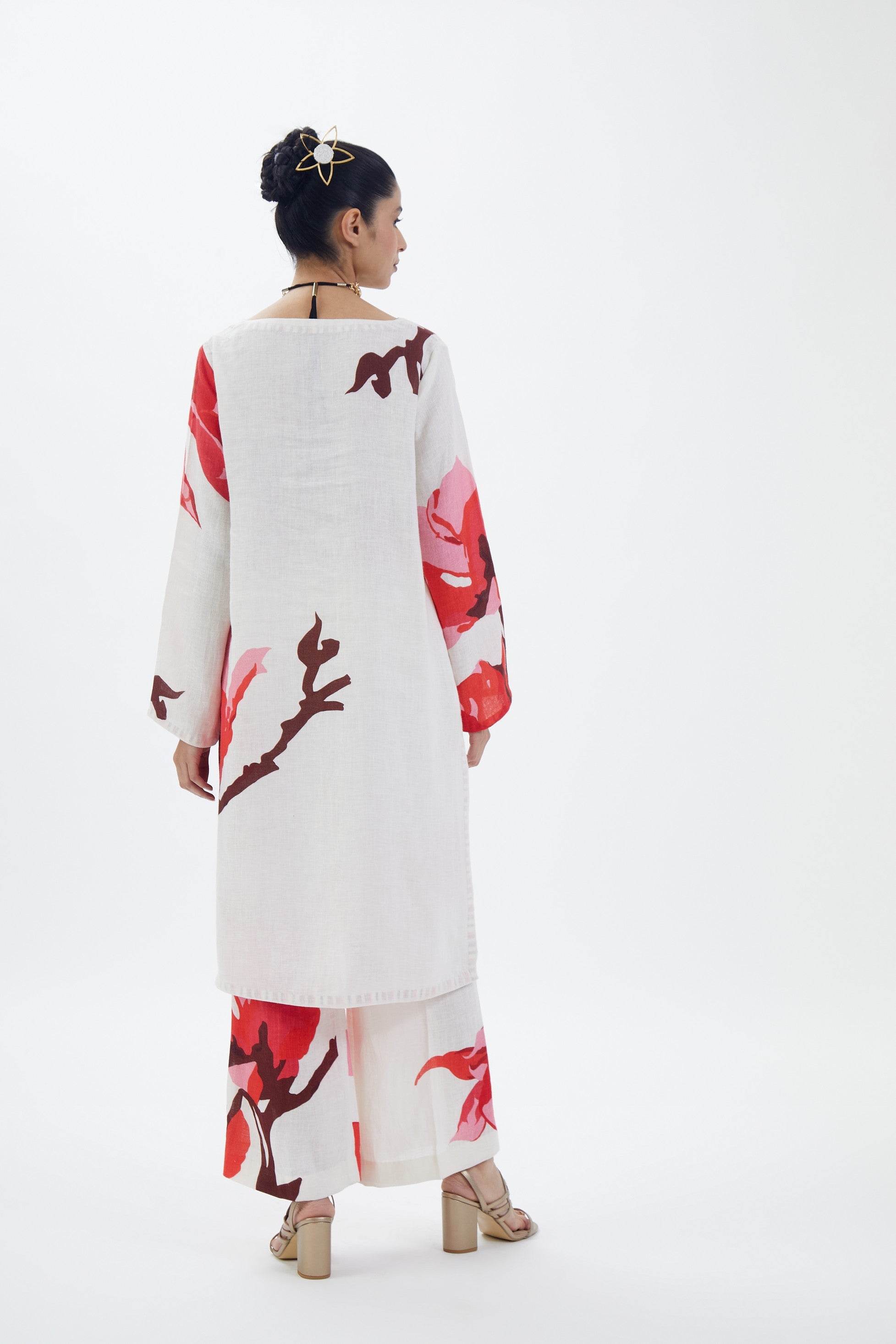 Ivory & Red Linen Floral Printed Kurta Set