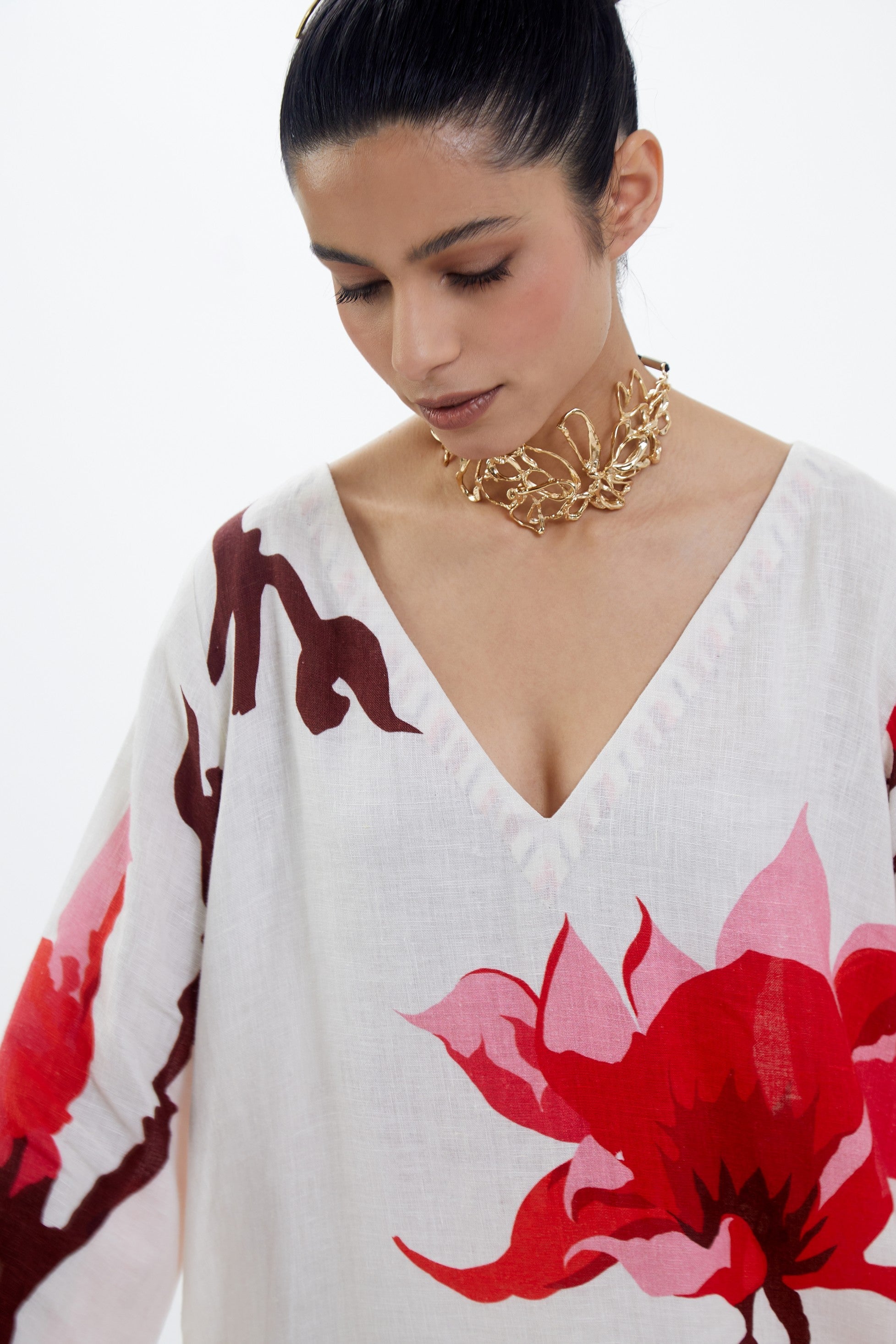 Ivory & Red Linen Floral Printed Kurta Set