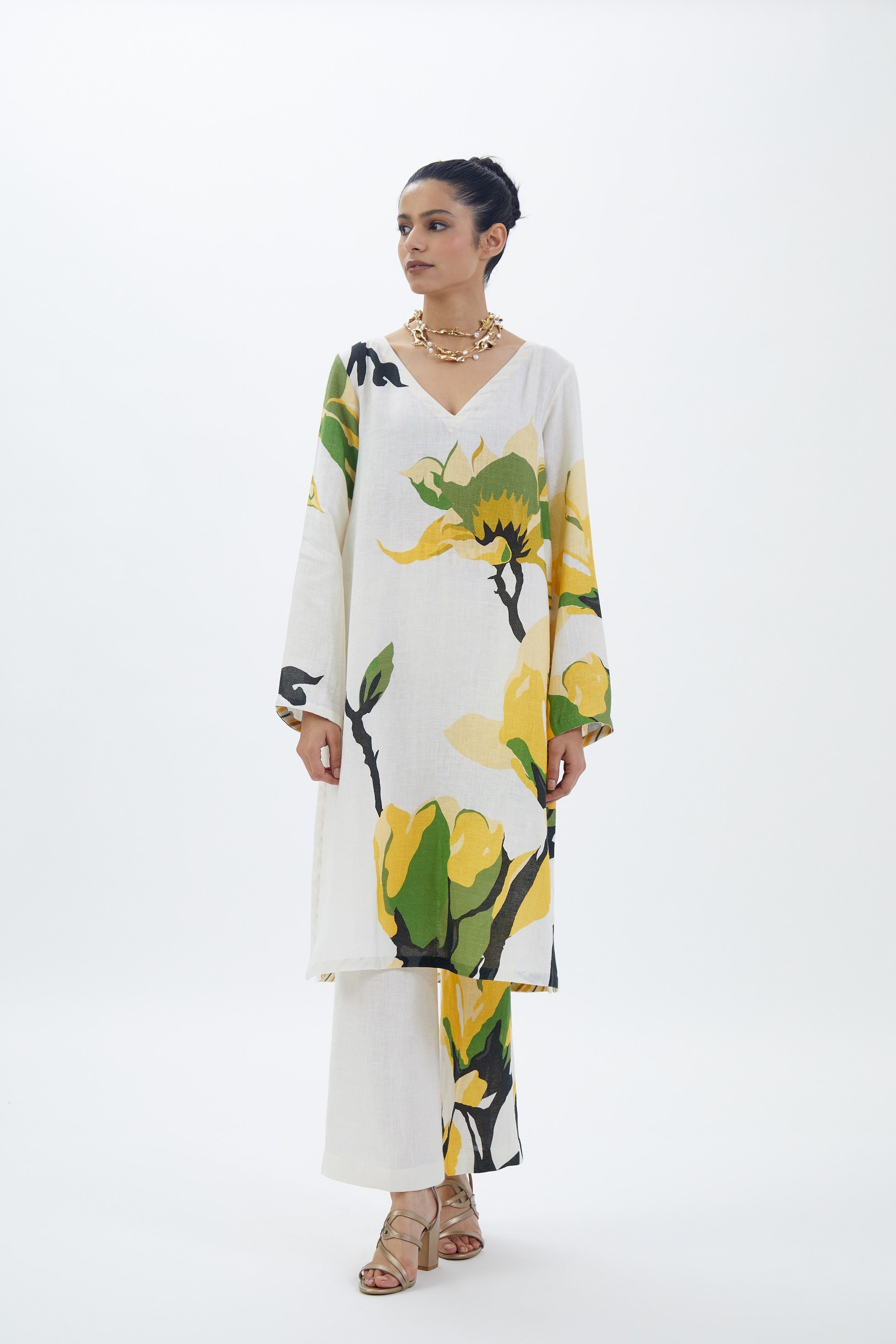IVORY YELLOW LINEN FLORAL PRINTED KURTA SET