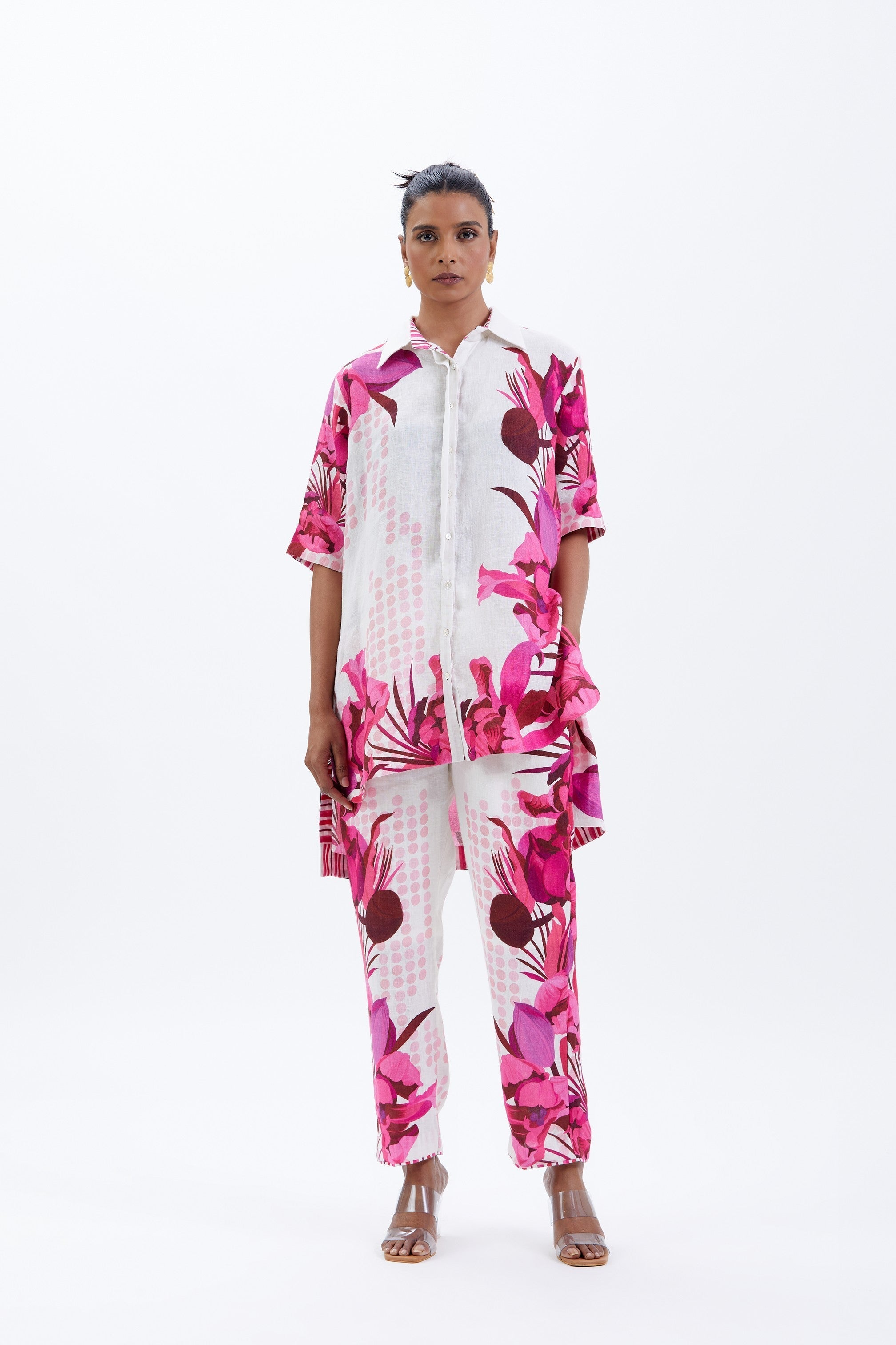 Ivory & Fuchsia Linen Printed Co-Ord Set