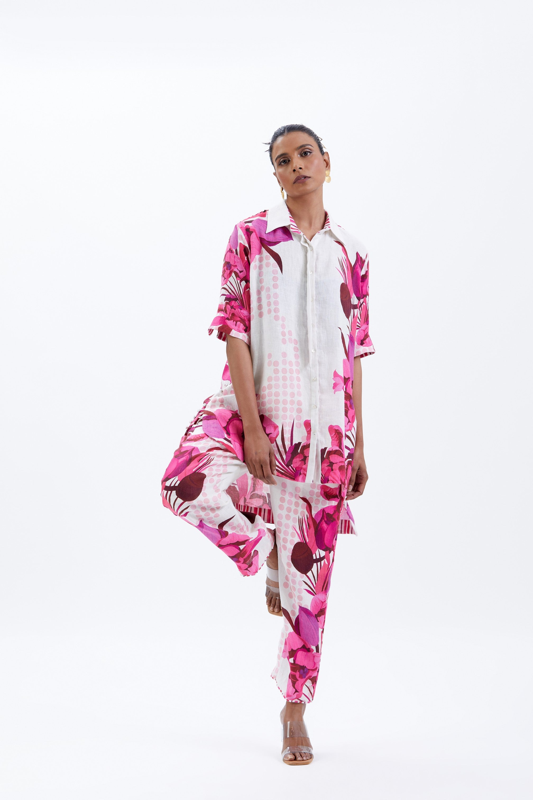 Ivory & Fuchsia Linen Printed Co-Ord Set