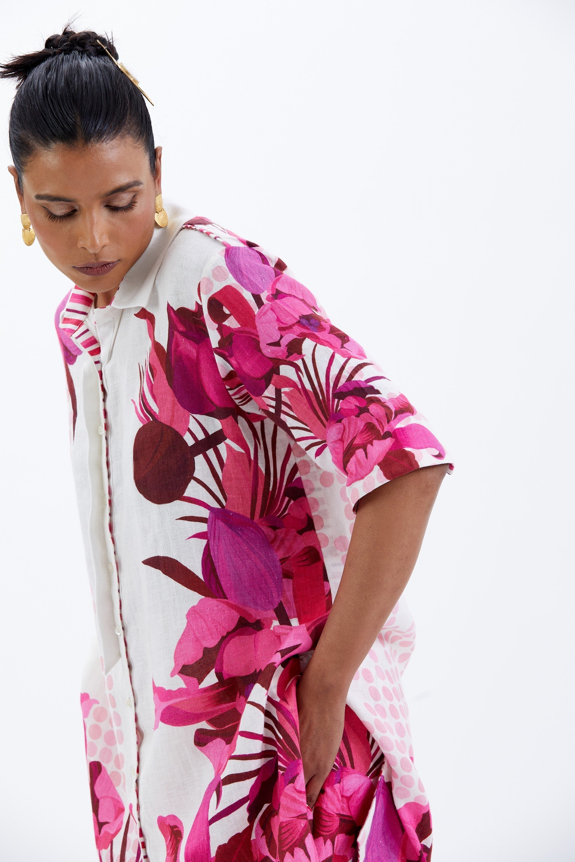 Ivory & Fuchsia Linen Printed Co-Ord Set