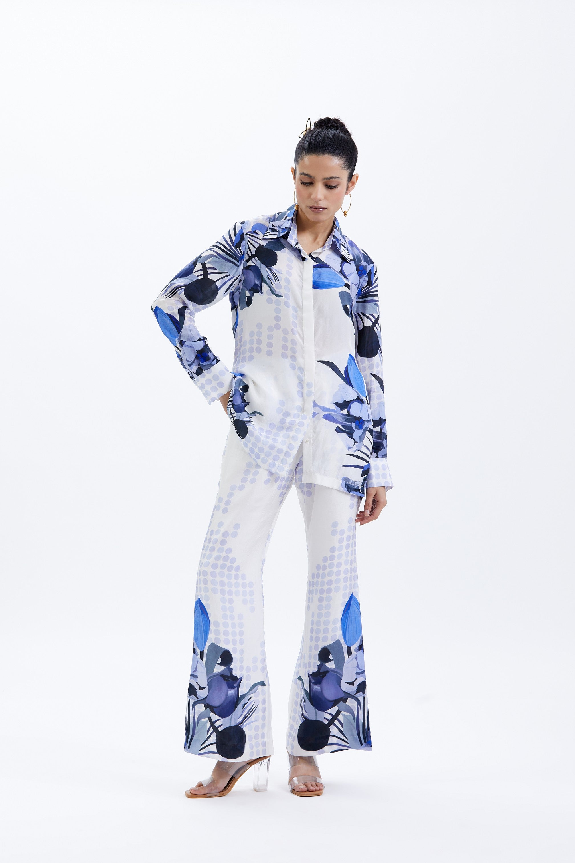 WHITE BLUE HABUTAI SILK PRINTED CO-ORD SET