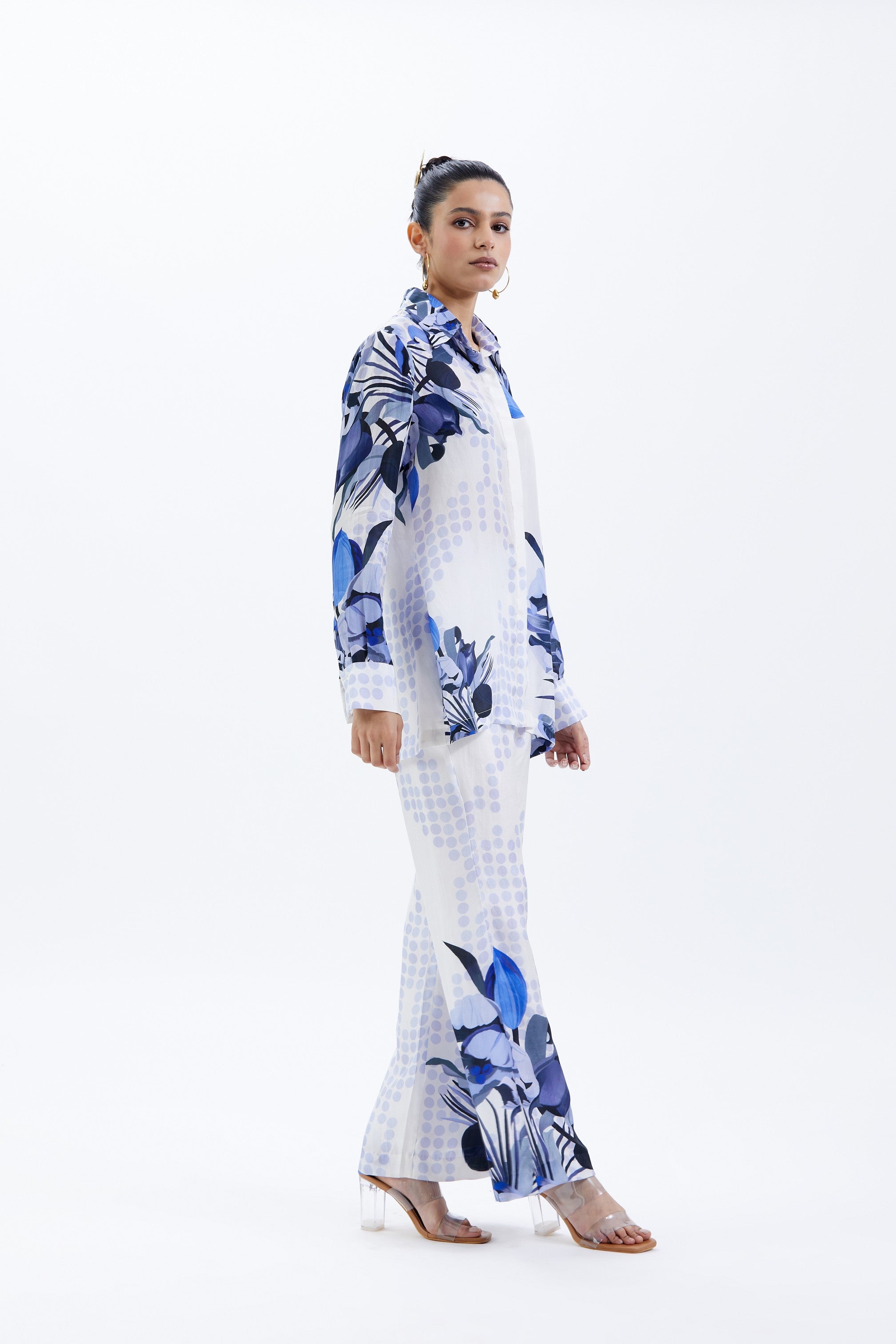 WHITE BLUE HABUTAI SILK PRINTED CO-ORD SET