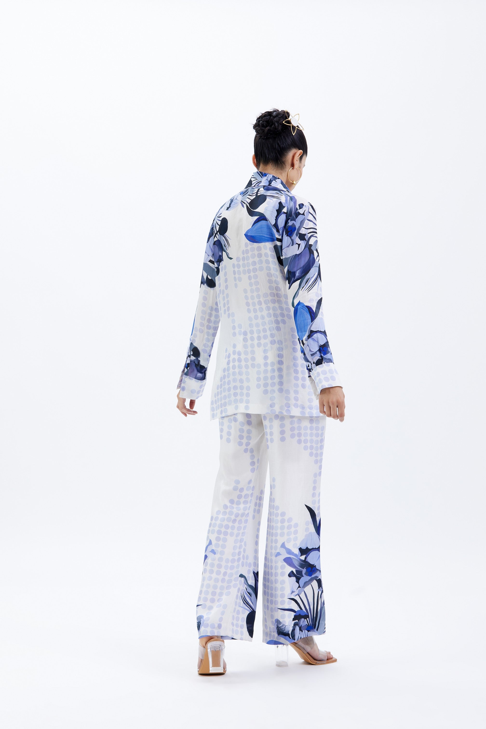 WHITE BLUE HABUTAI SILK PRINTED CO-ORD SET