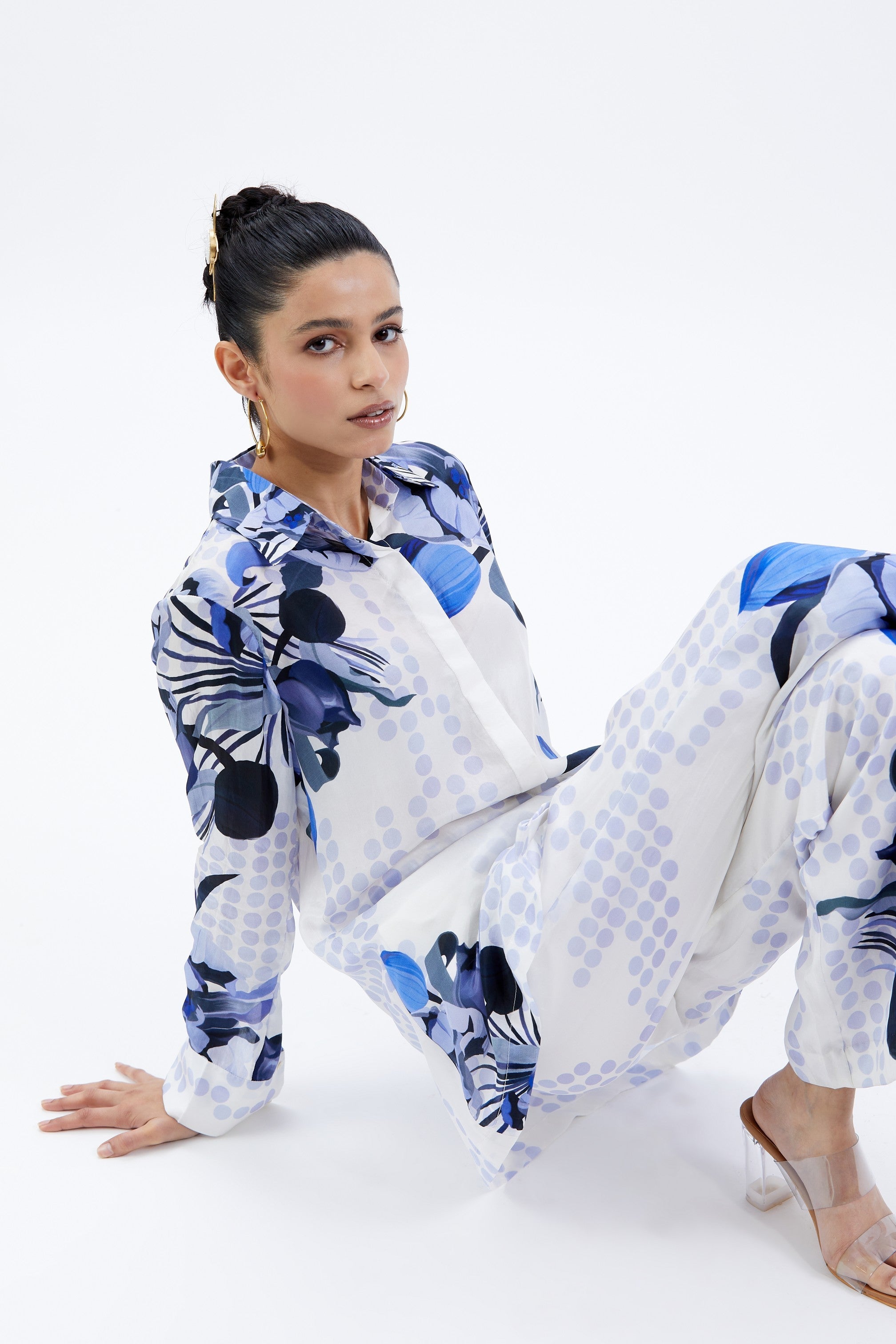 WHITE BLUE HABUTAI SILK PRINTED CO-ORD SET