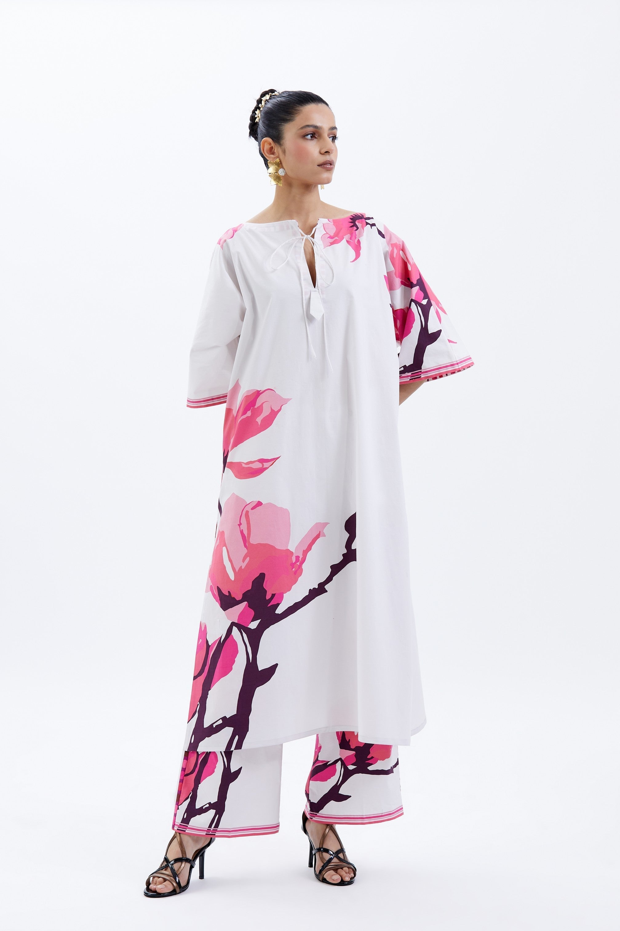 White Fuschia Poplin Long Tunic & Pant Co-ord