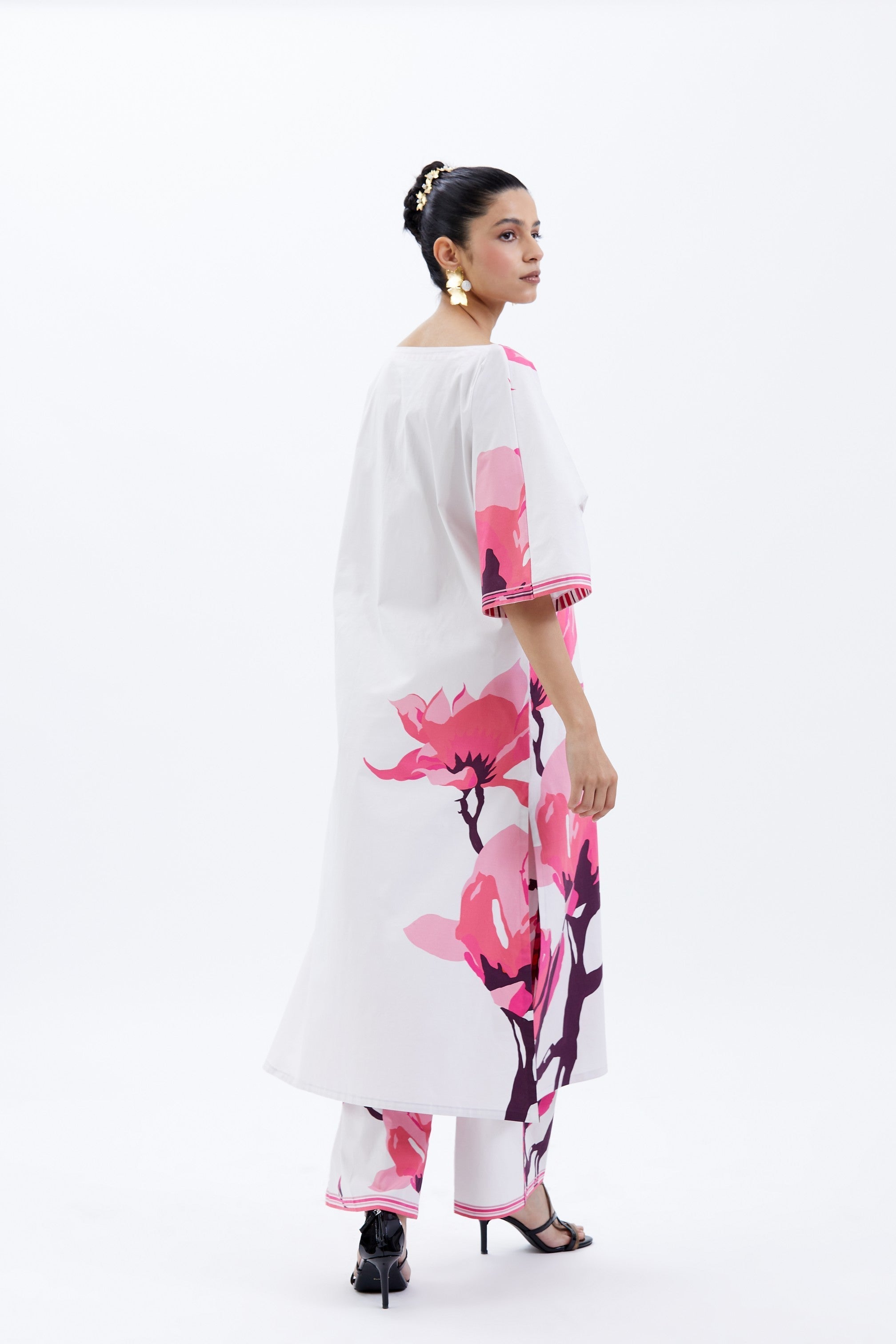 White Fuschia Poplin Long Tunic & Pant Co-ord