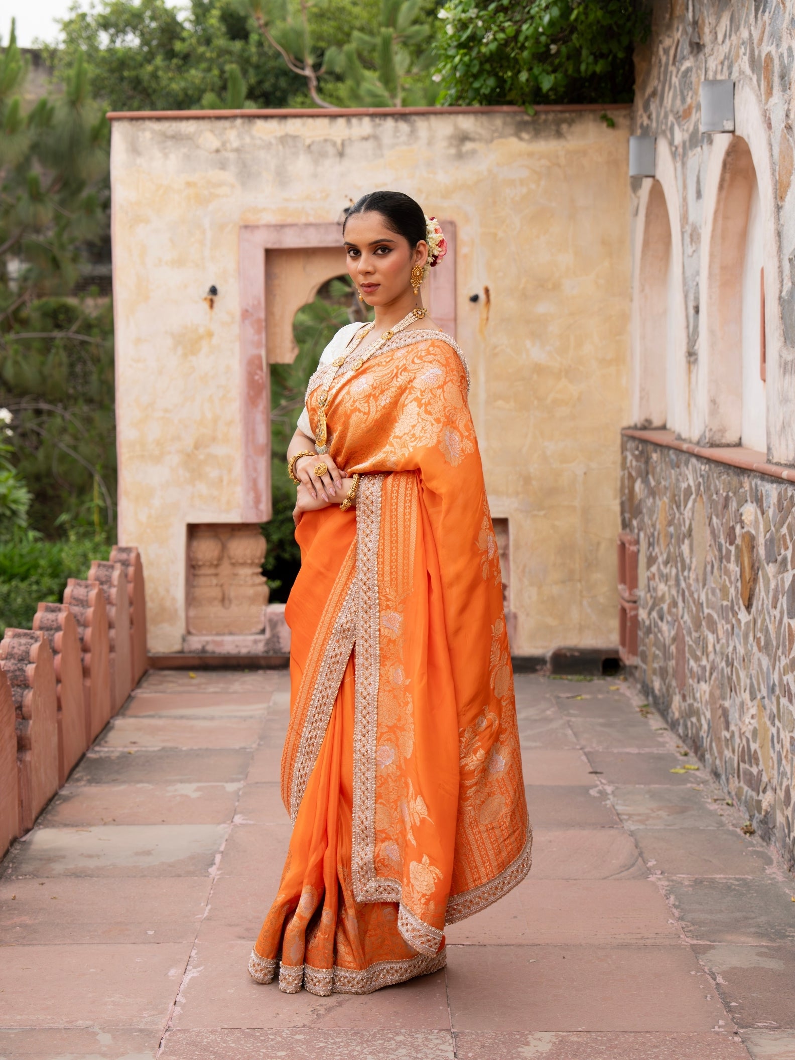 Orange Pure Katan Silk Bridal Banarasi Handloom Saree