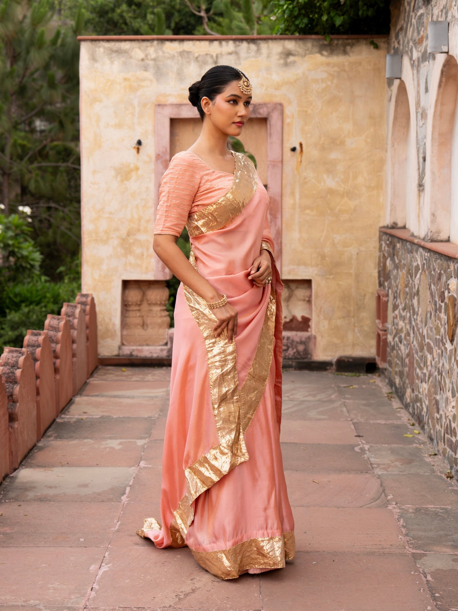 Peach Pure Tissue Handloom Gota Patti Saree