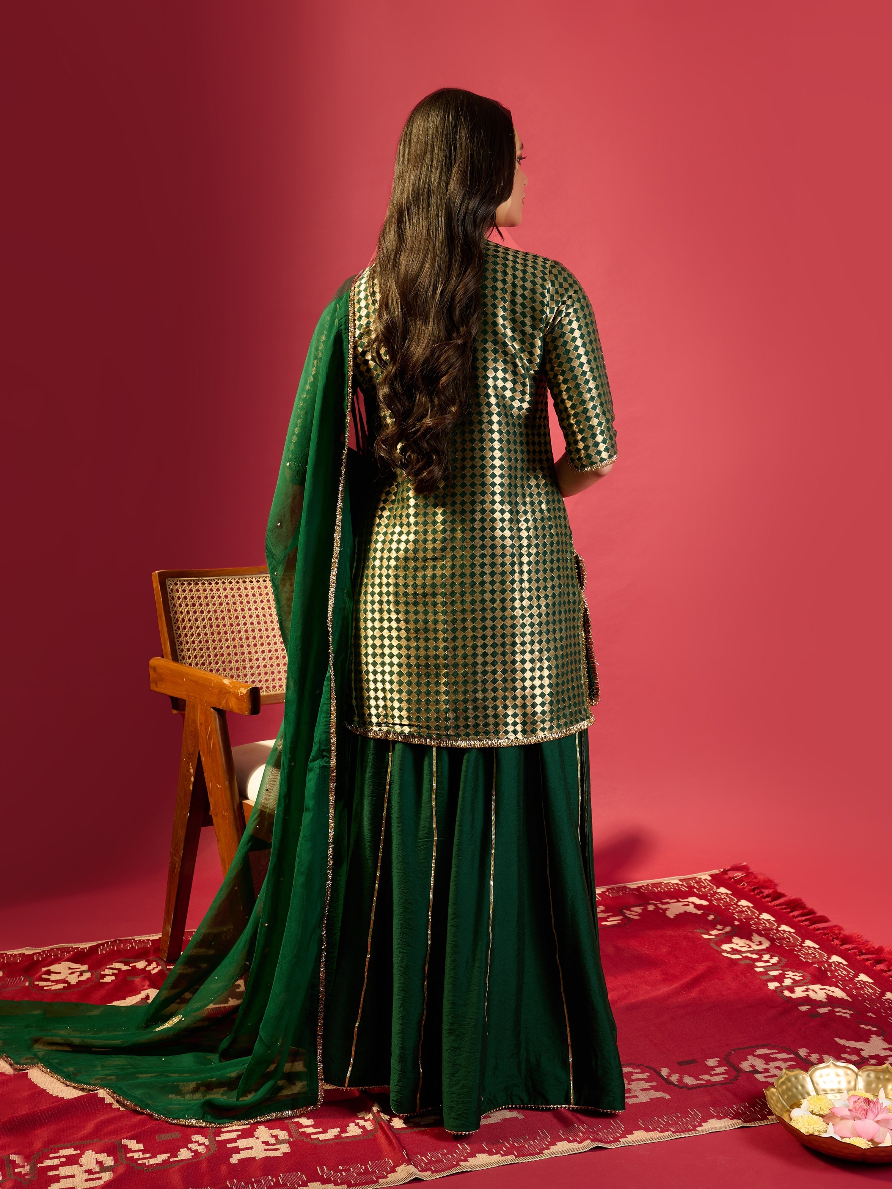 Bottle Green Barfi Kurta Palazzo Set