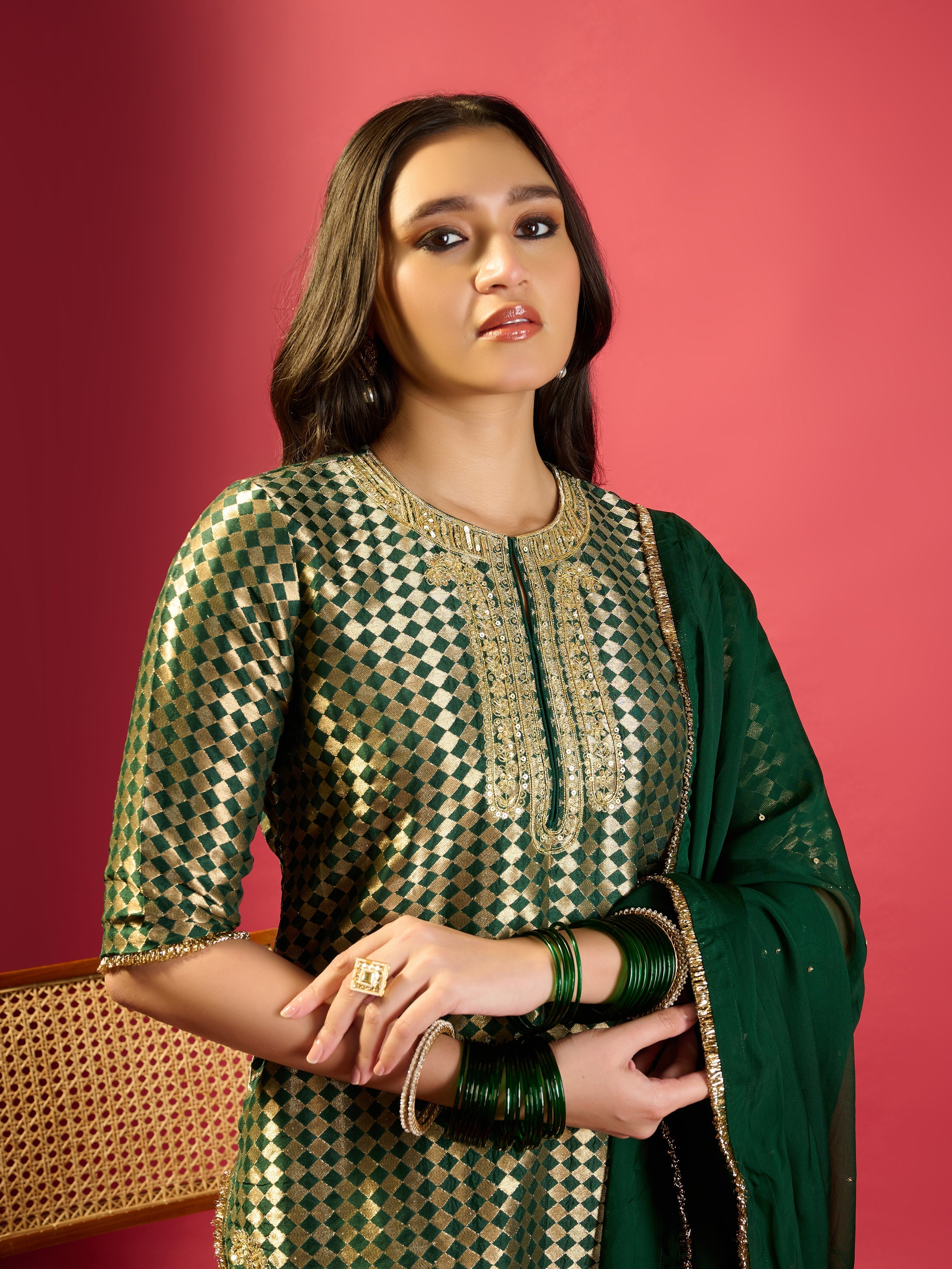 Bottle Green Barfi Kurta Palazzo Set