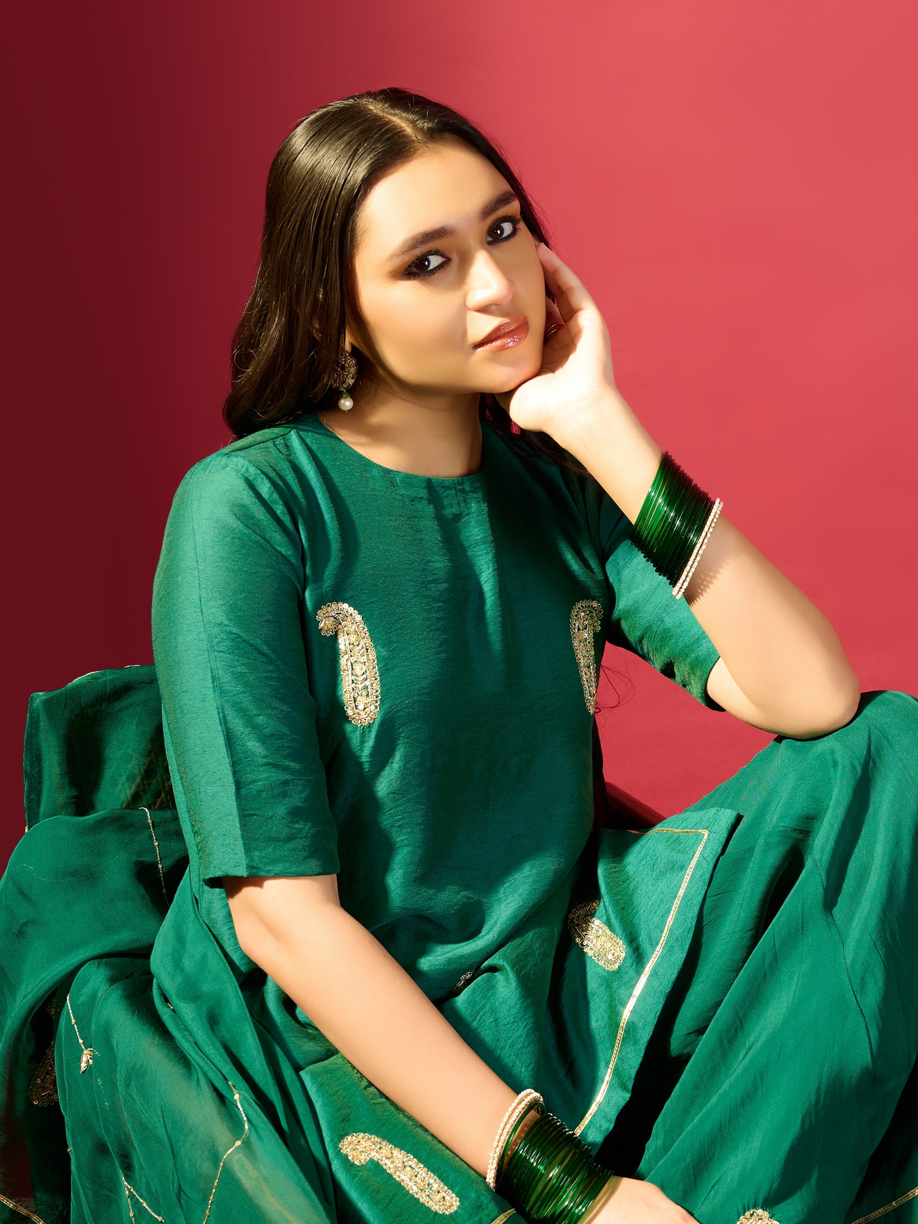 Rama Green Keri Butta Kurta Palazzo With Jaal Dupatta