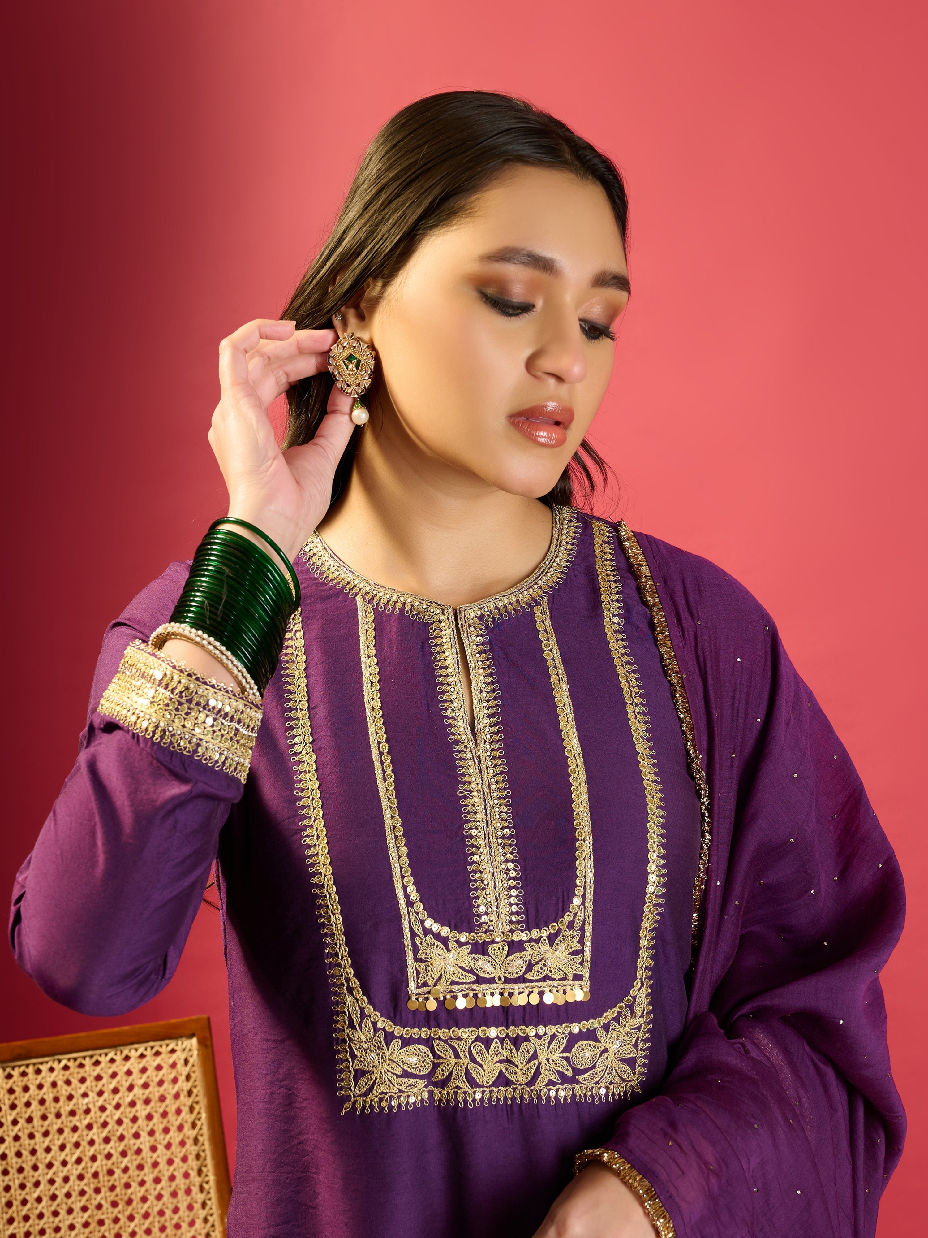 Deep Purple Square Yoke Kurta Set