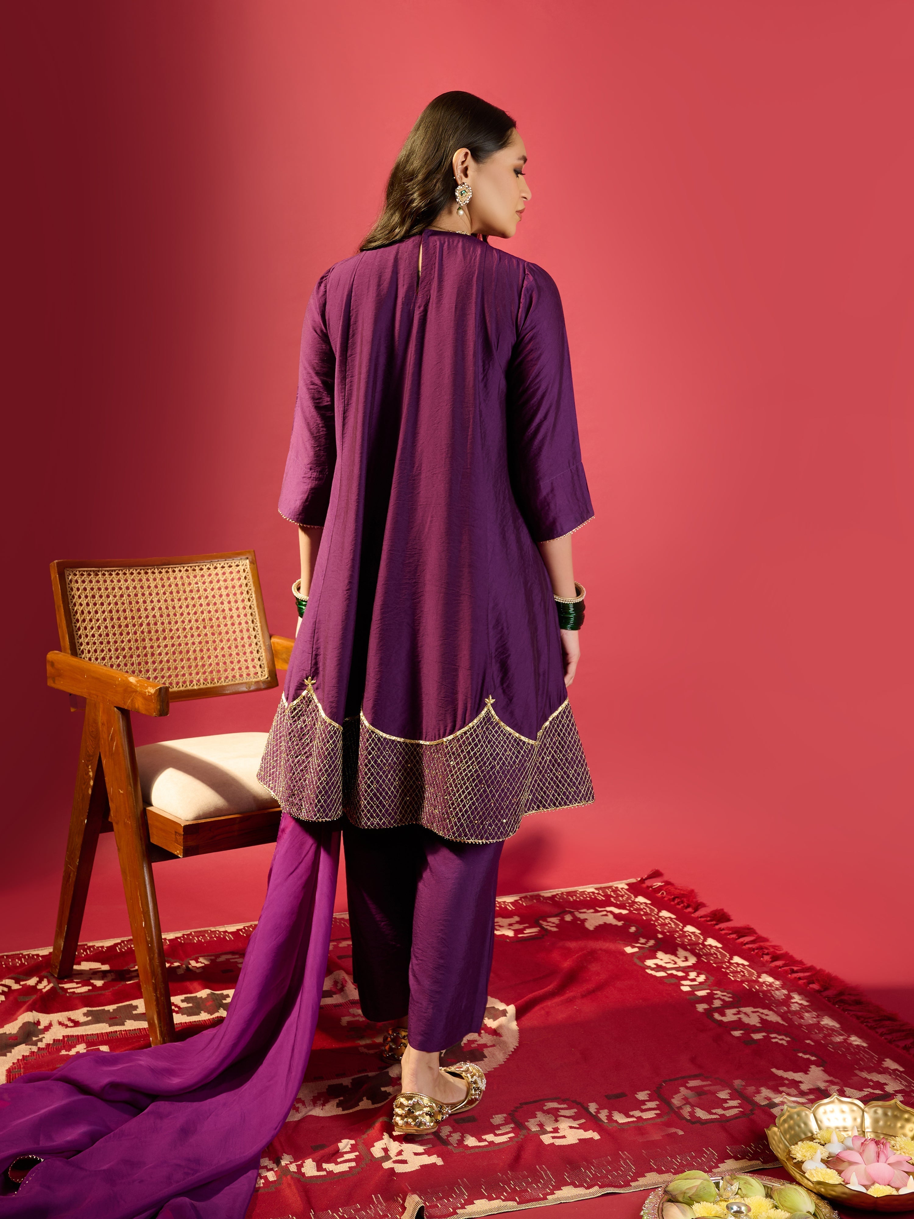 Deep Purple Shoulder Kali Kurta With Pant And Dupatta