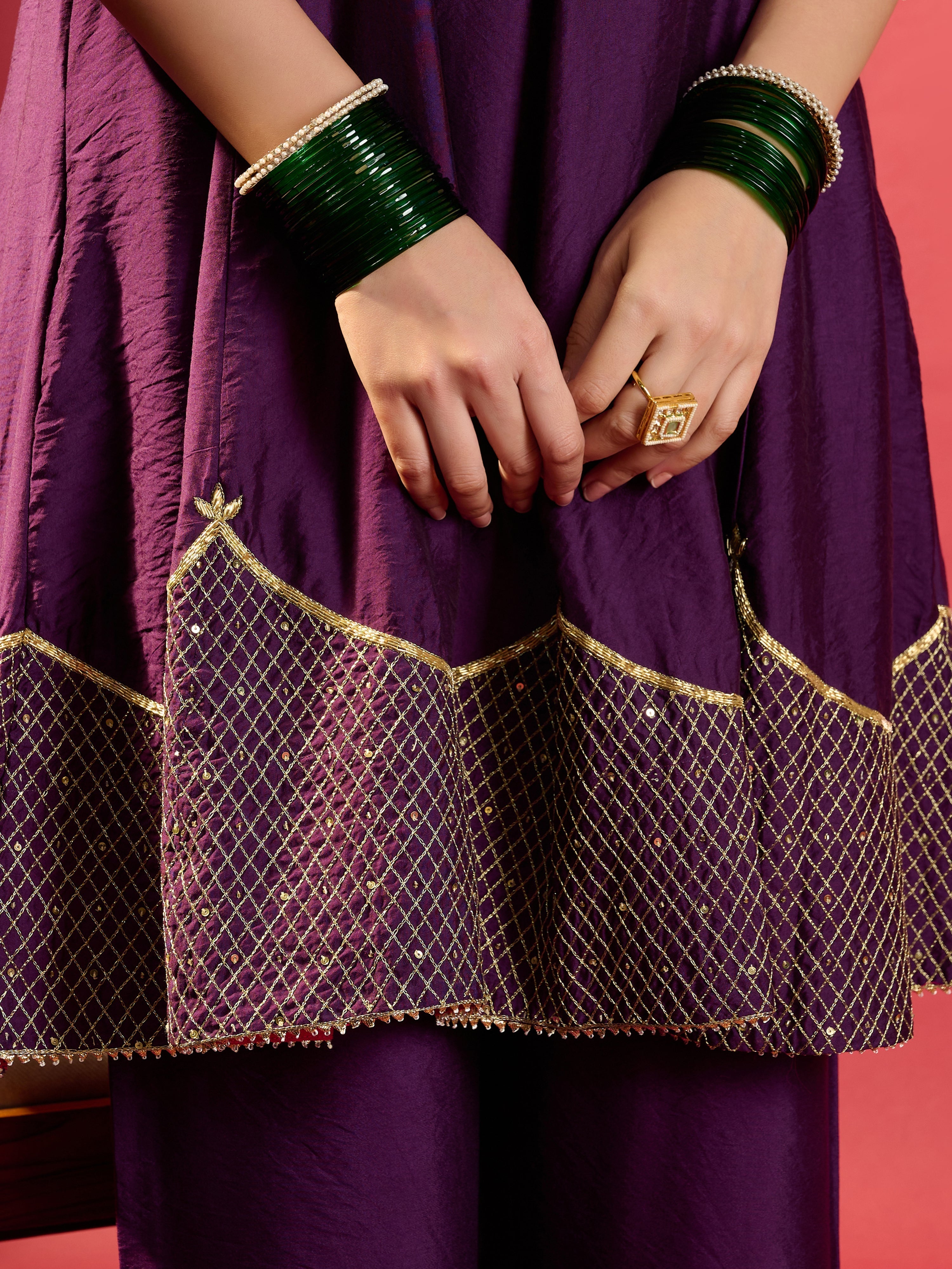 Deep Purple Shoulder Kali Kurta With Pant And Dupatta