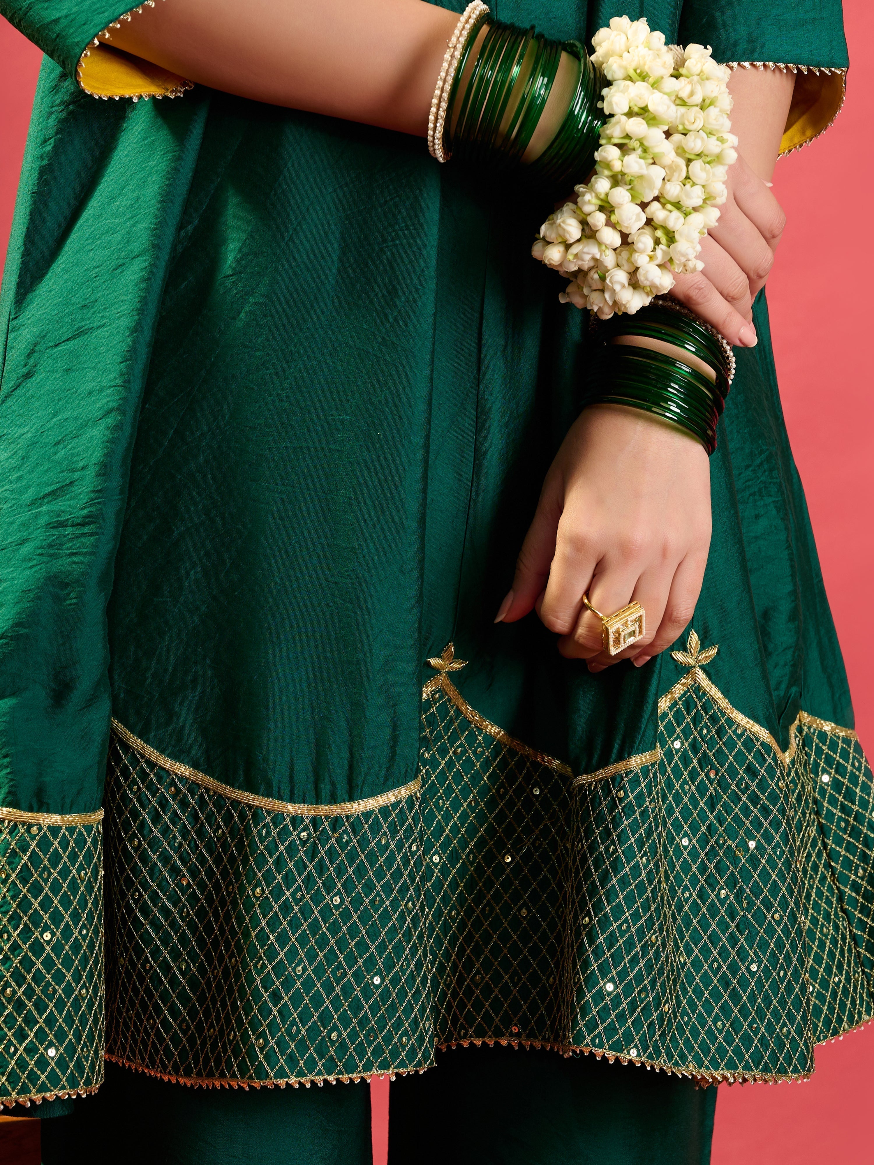 Rama Green Shoulder Kali Kurta With Pant And Dupatta