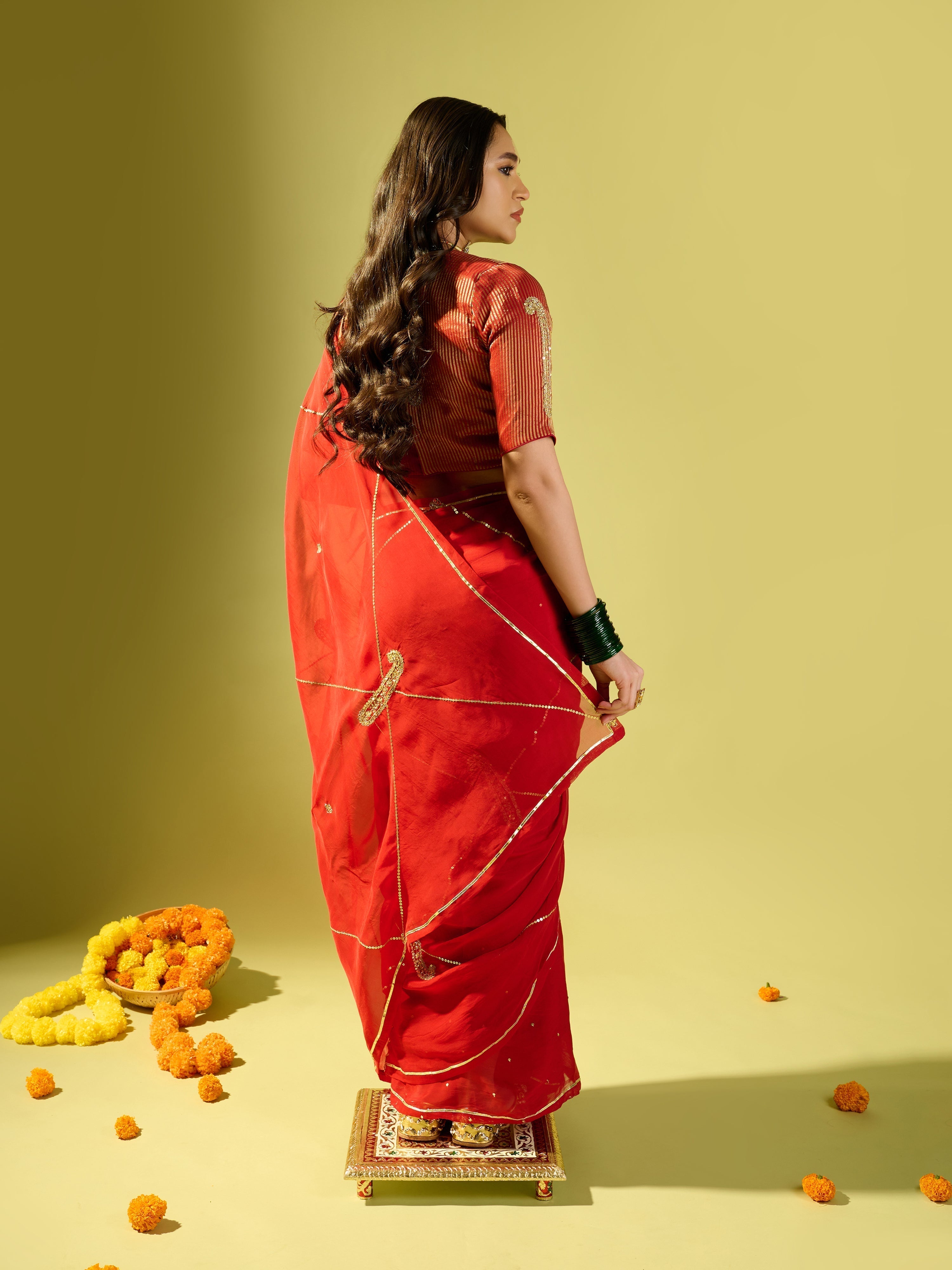 Maroon Keri Jaal Saree With Stripe Blouse