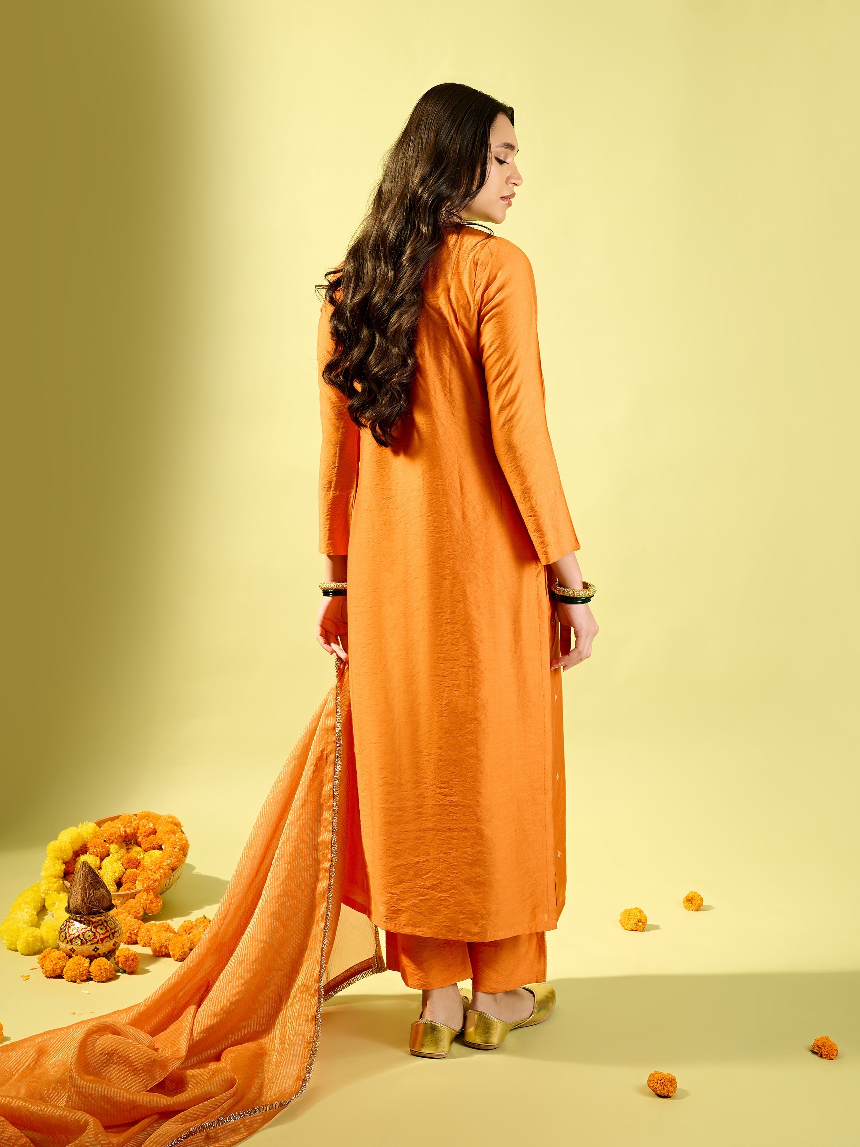 Orange Straight Long Kurta Set