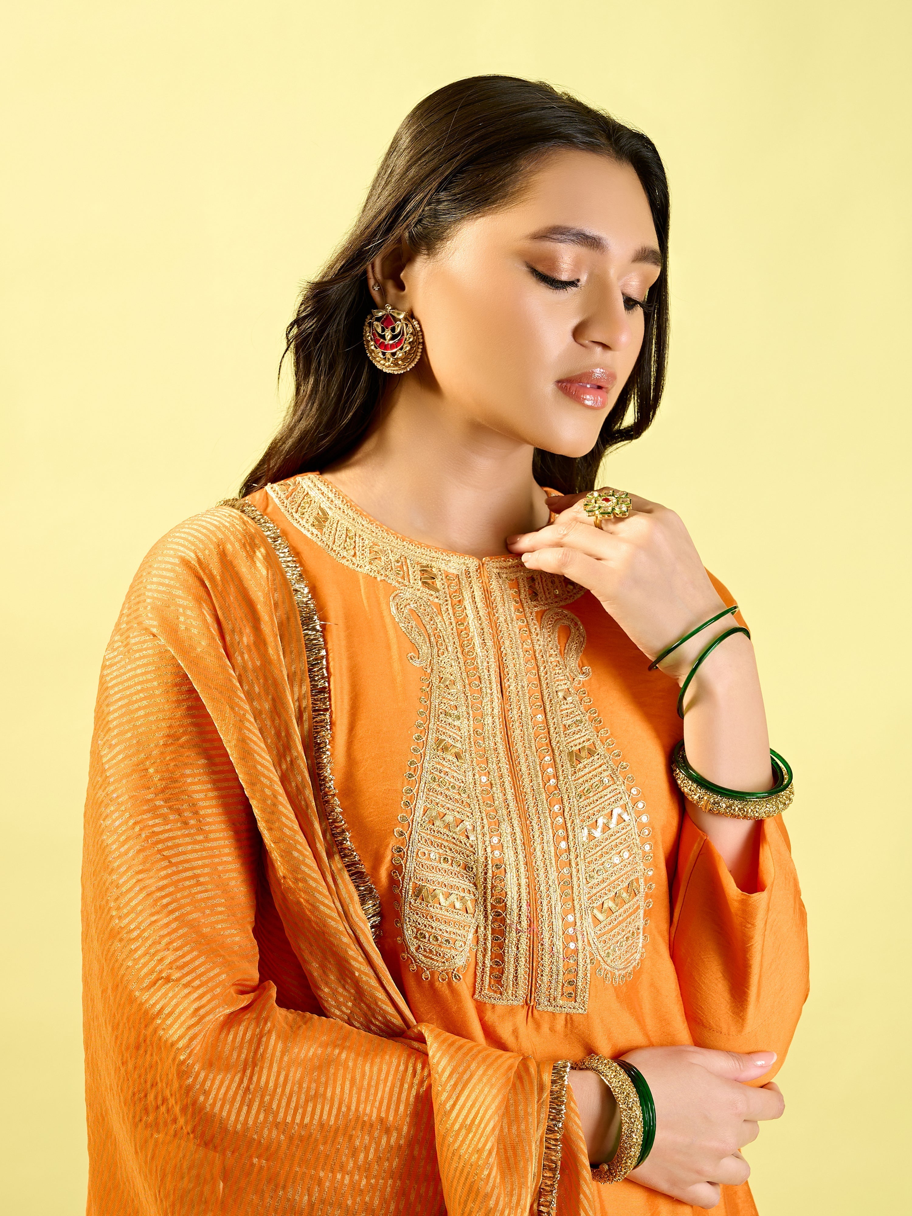 Orange Straight Long Kurta Set