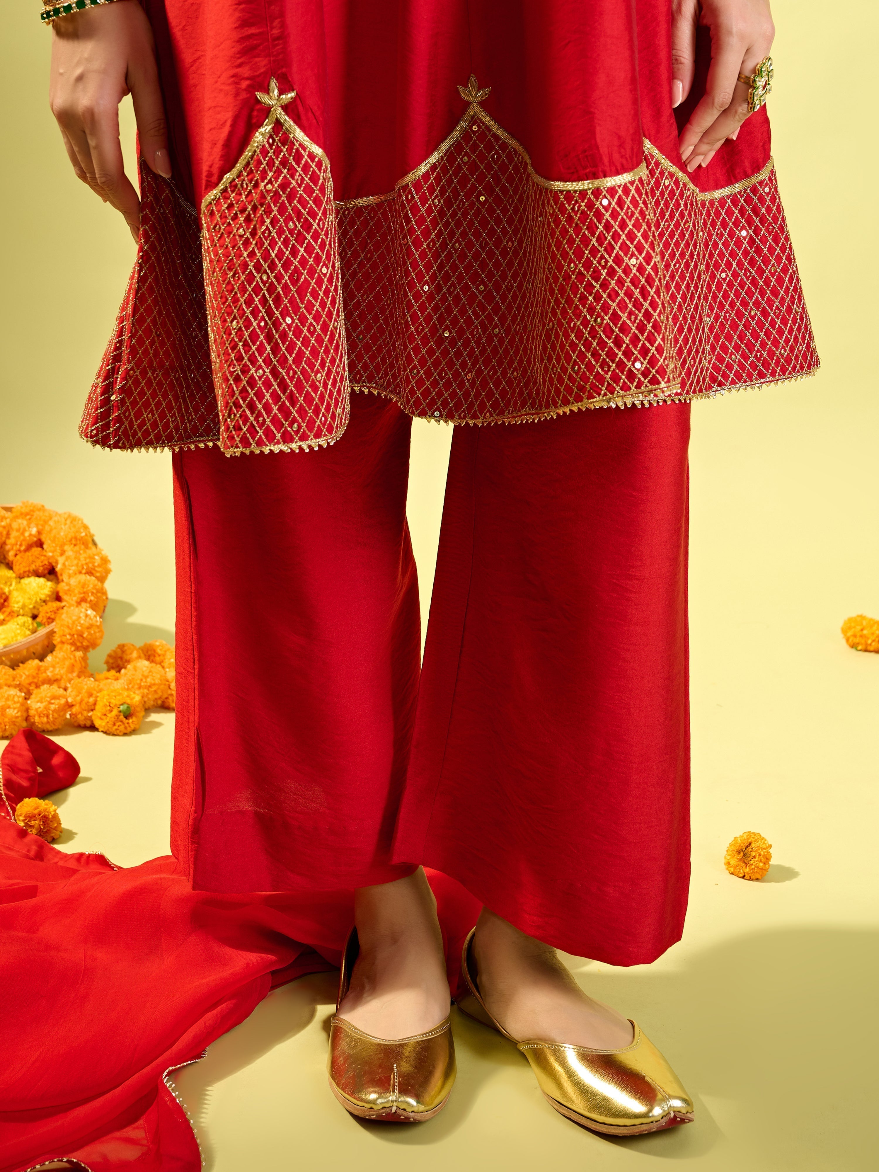 Maroon Shoulder Kali Kurta With Pant And Dupatta