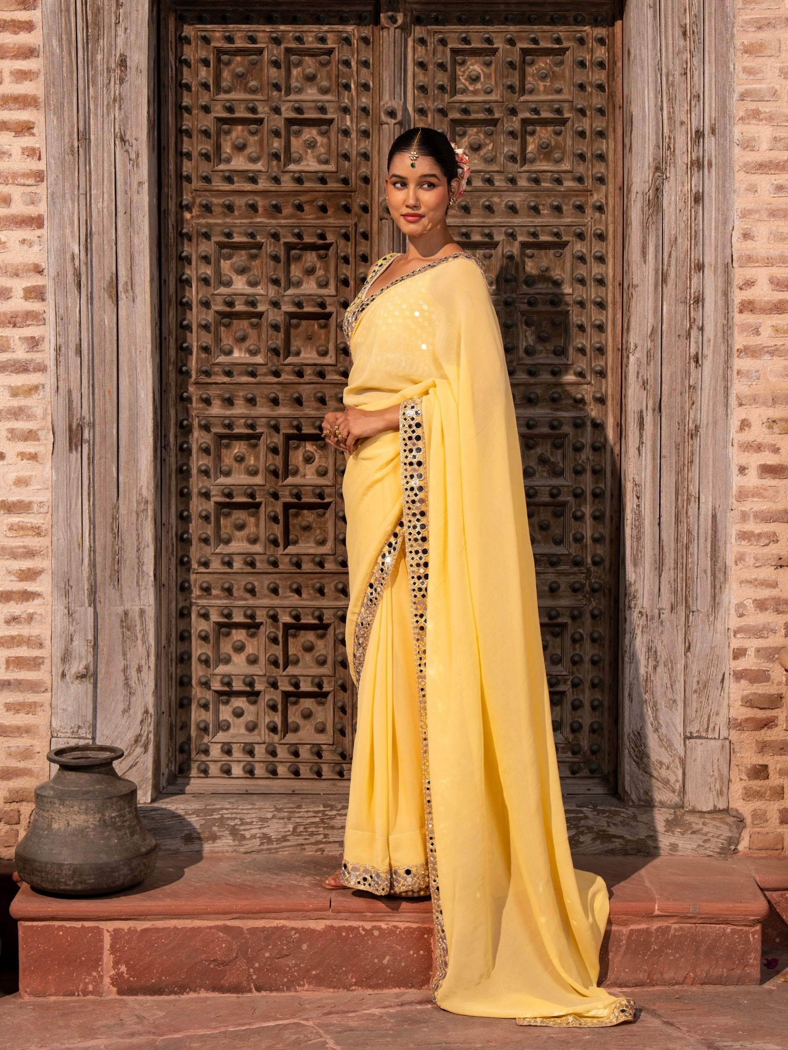 Butter Yellow Pure Georgette Handloom Mirror Work Saree